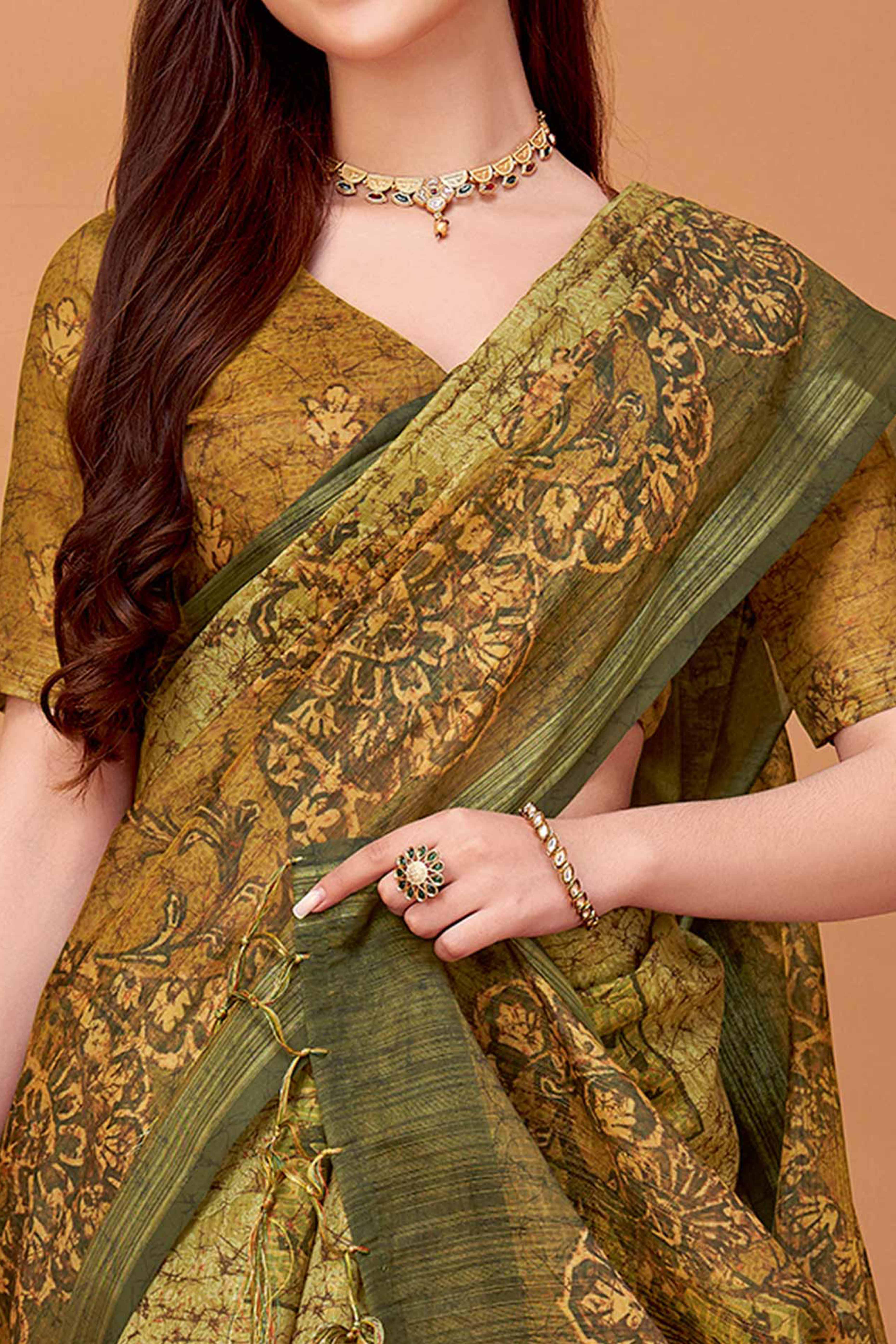 Soothing Green Linen Khadi Saree with Tonal Floral Print Detailing - Image 2