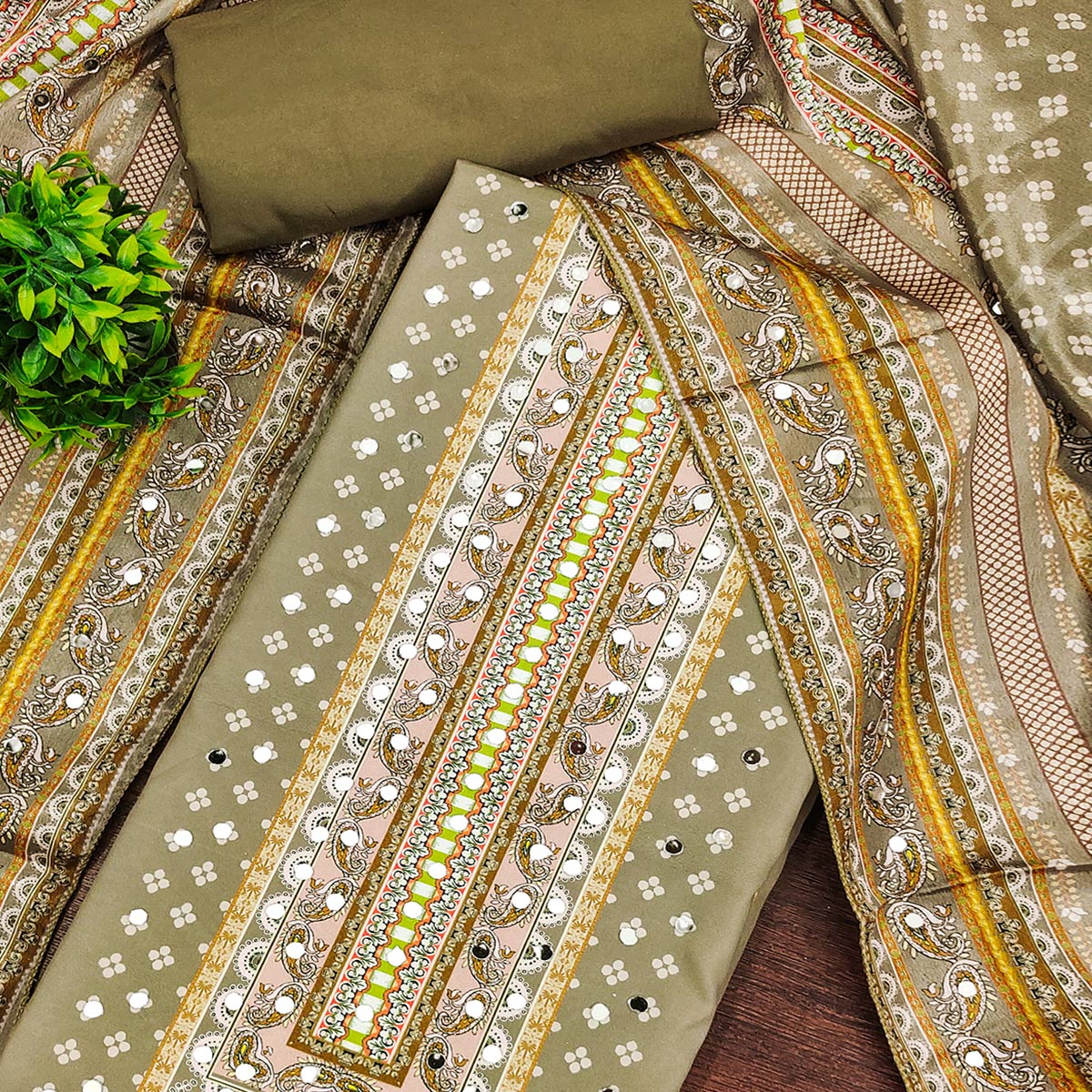 Soothing Mehendi Green Floral Digital Printed Dress Material Crafted From Muslin With Mirror Work - Image 2