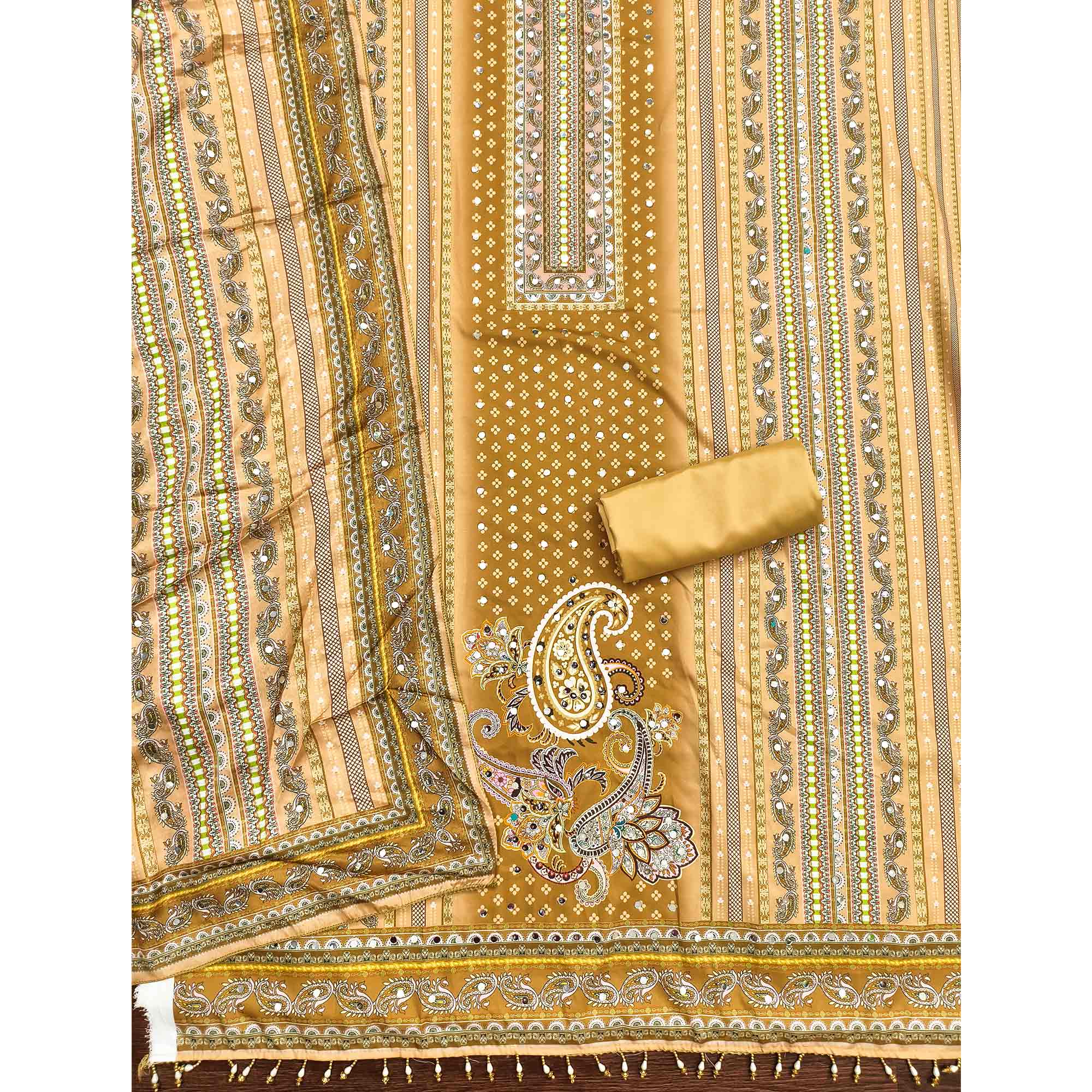 Soothing Mustard Floral Digital Printed Dress Material Crafted From Muslin With Mirror Work - Image 4