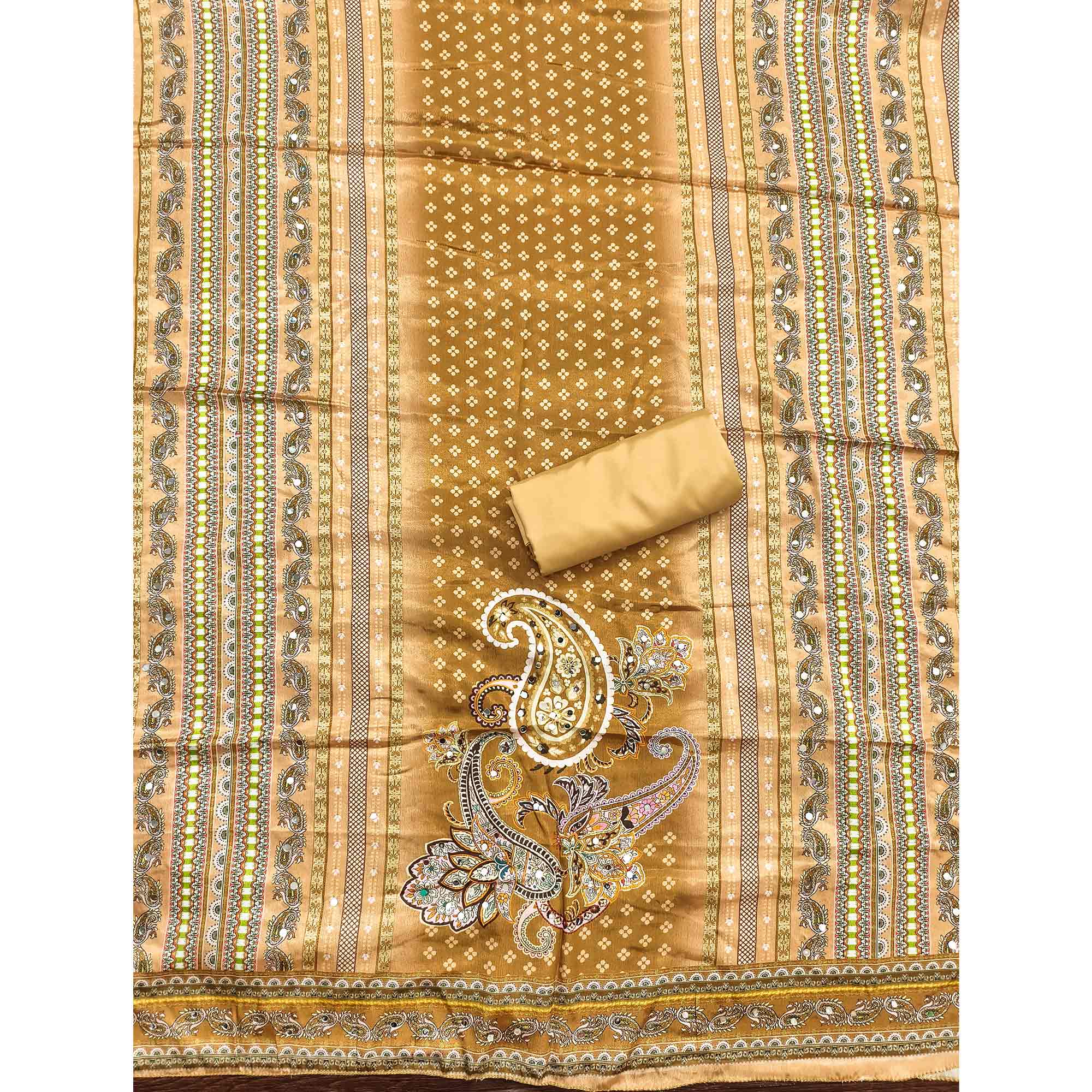Soothing Mustard Floral Digital Printed Dress Material Crafted From Muslin With Mirror Work - Image 5