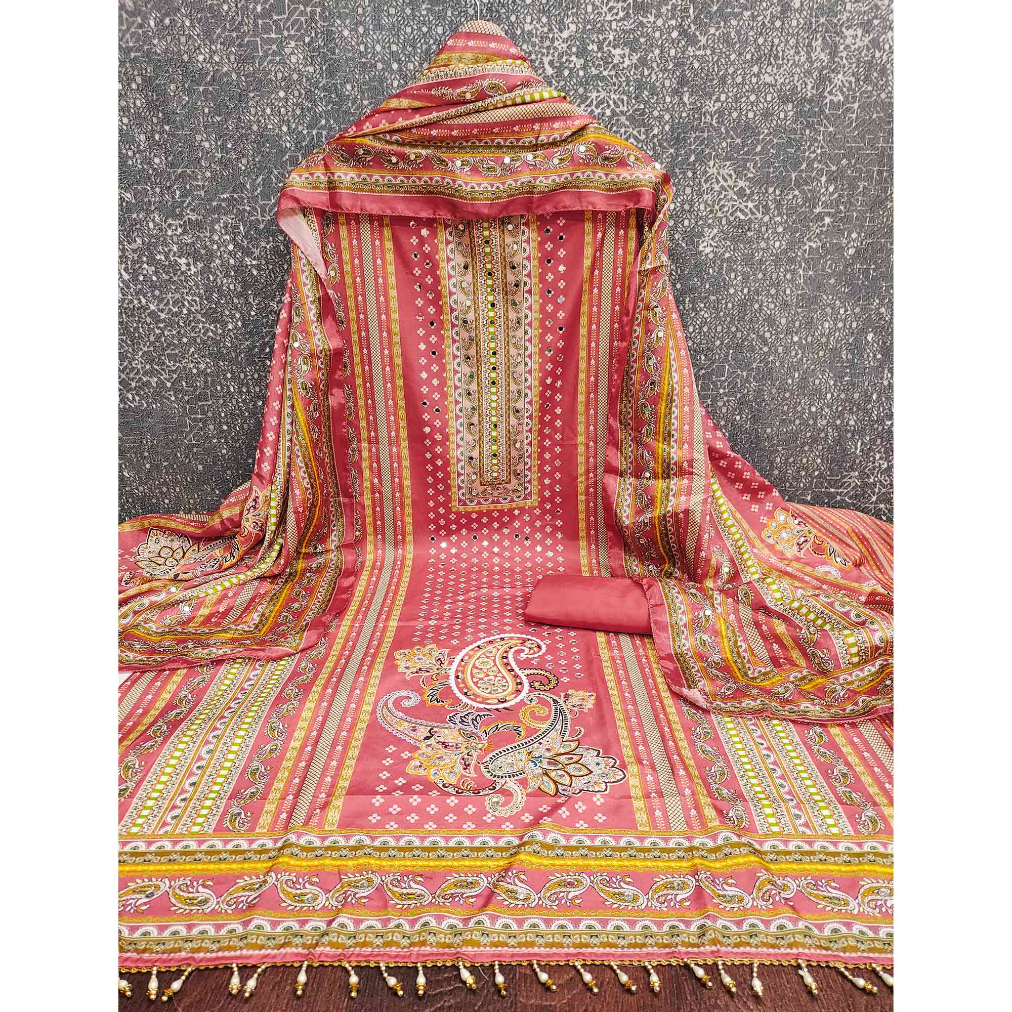 Soothing Pink Floral Digital Printed Dress Material Crafted From Muslin With Mirror Work - Image 3