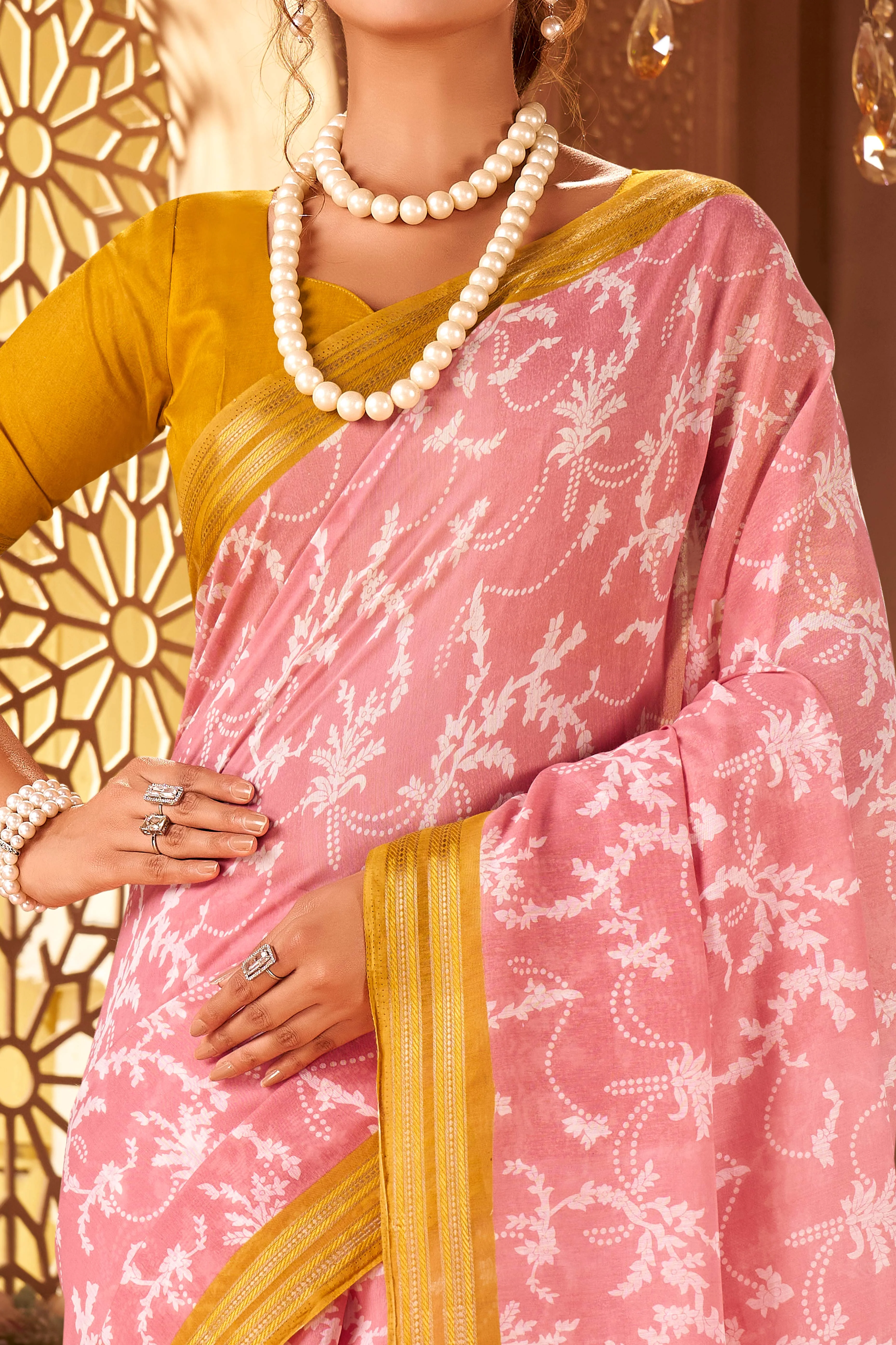 Sophisticated Baby Pink Mulmul Cotton Saree Featuring Delicate Floral Prints & Weaving Border - Image 2