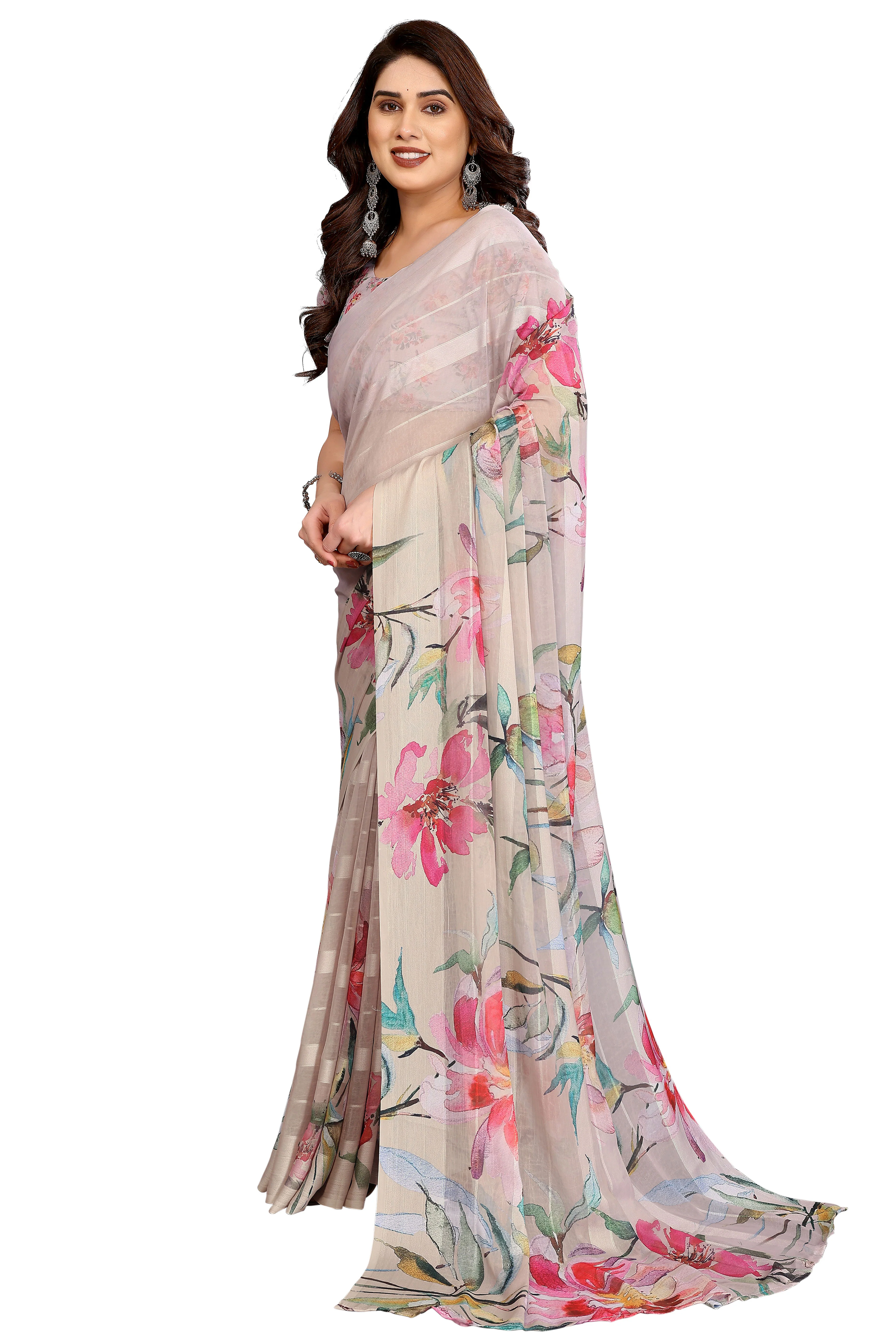 Sophisticated Beige Floral Digital Print Georgettte Saree With Zari Touch & Striped Design - Image 3