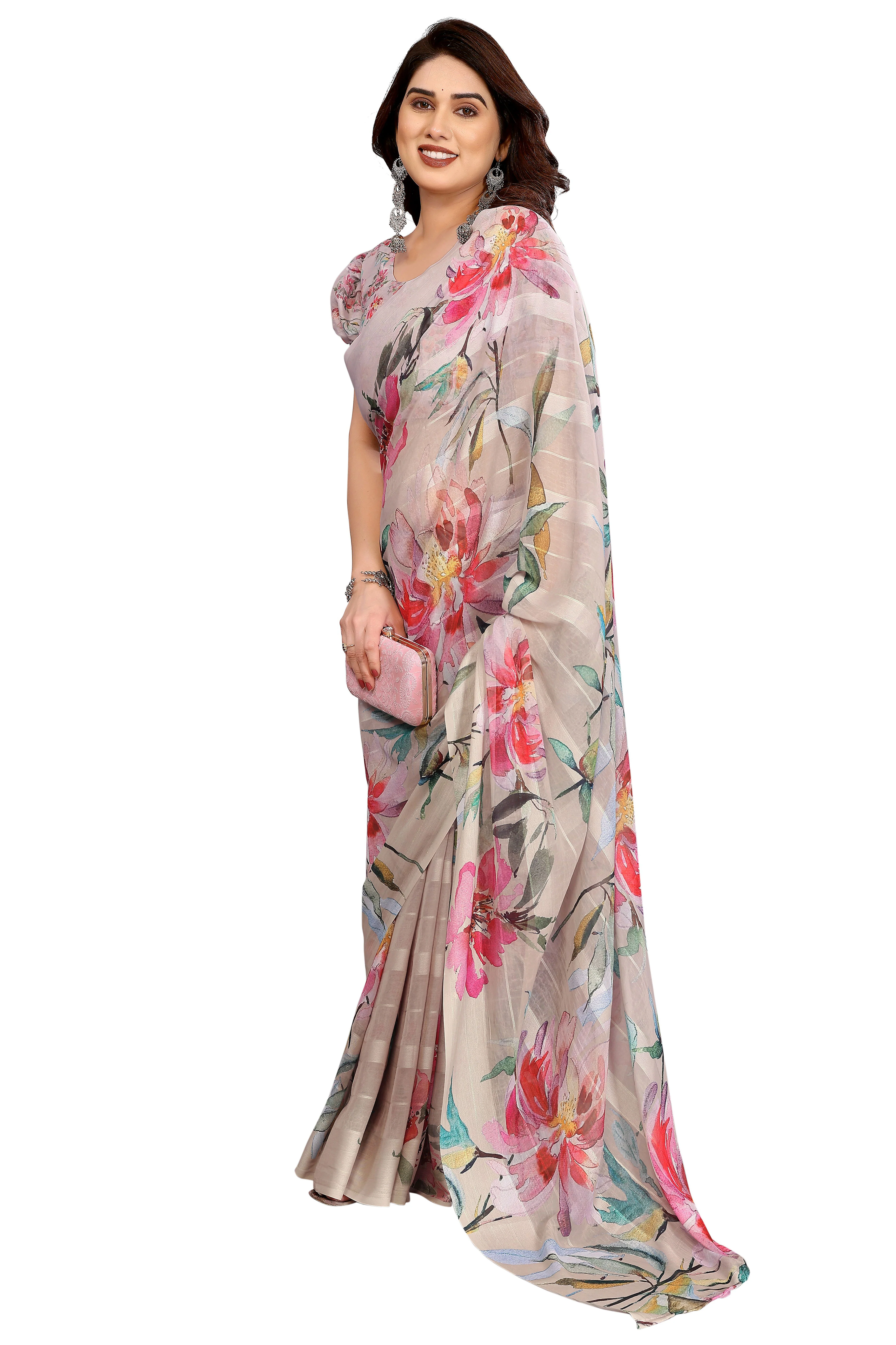 Sophisticated Beige Floral Digital Print Georgettte Saree With Zari Touch & Striped Design - Image 4