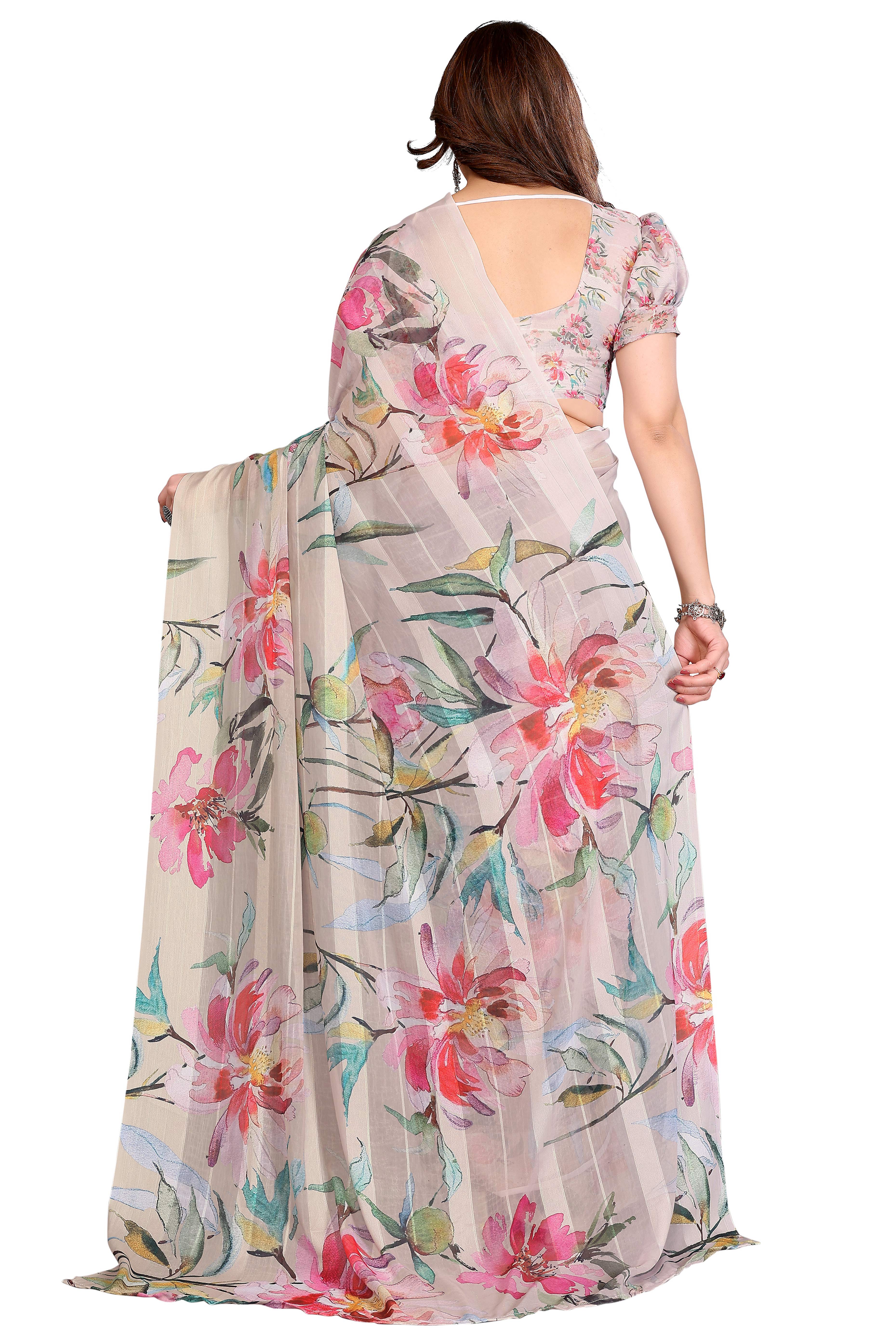 Sophisticated Beige Floral Digital Print Georgettte Saree With Zari Touch & Striped Design - Image 5