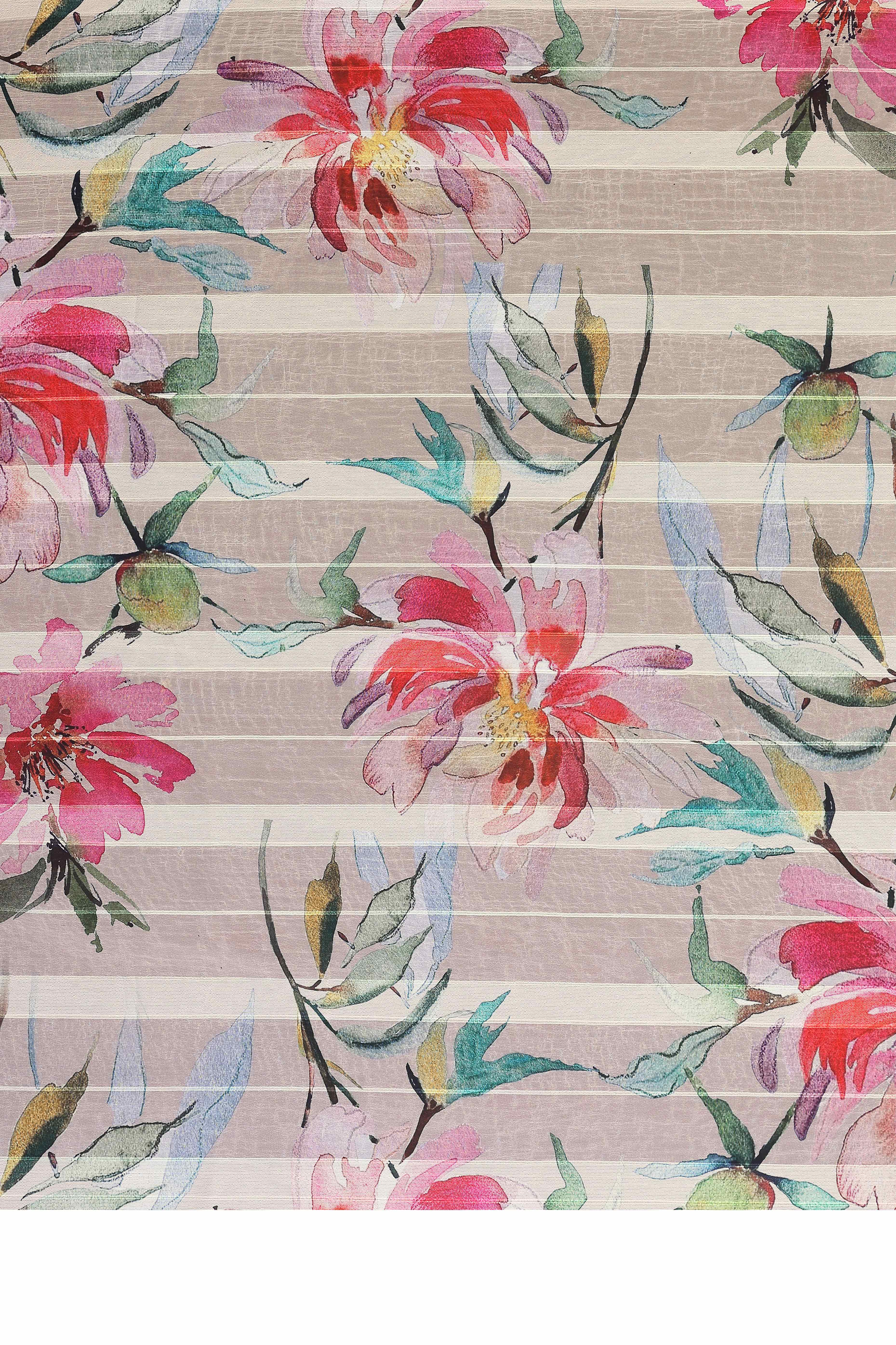Sophisticated Beige Floral Digital Print Georgettte Saree With Zari Touch & Striped Design - Image 7