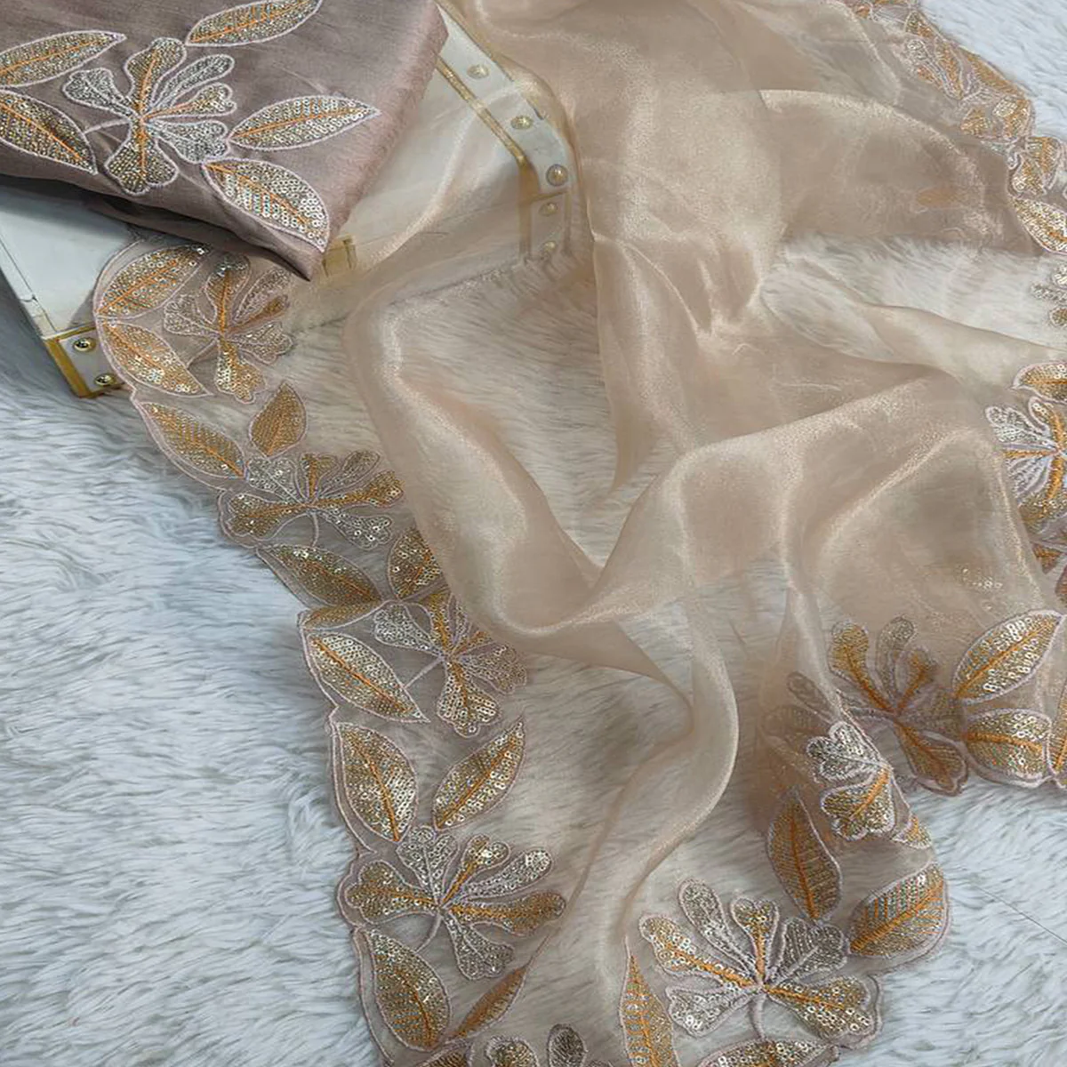 Sophisticated Beige Organza Silk Saree Beautified With Intricate Floral Embroidery & Sequins Work - Image 2