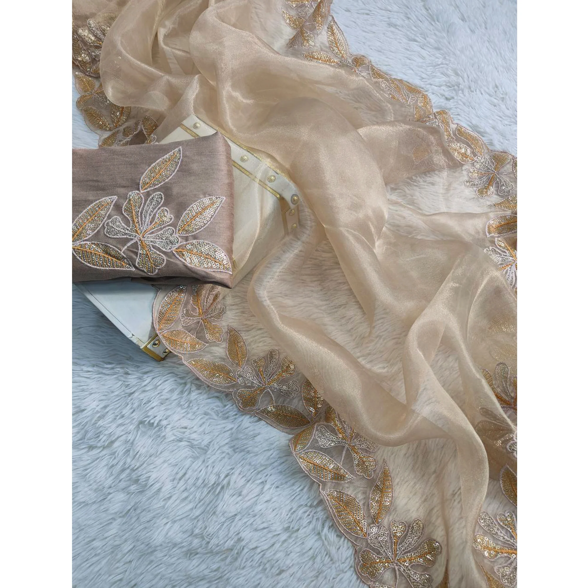 Sophisticated Beige Organza Silk Saree Beautified With Intricate Floral Embroidery & Sequins Work - Image 4