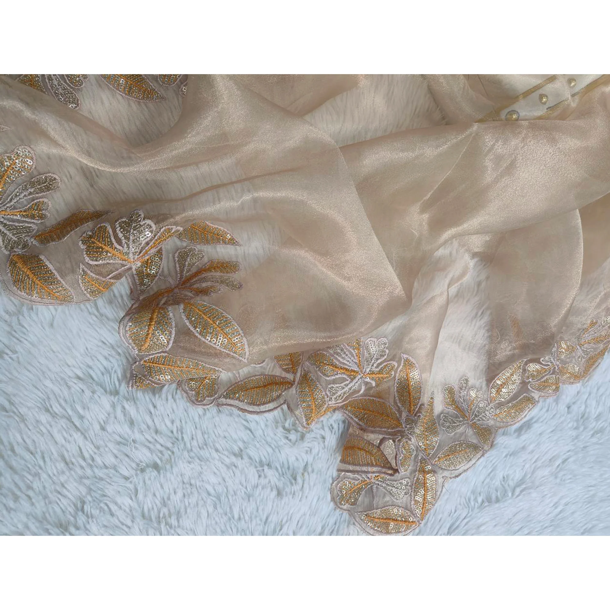 Sophisticated Beige Organza Silk Saree Beautified With Intricate Floral Embroidery & Sequins Work - Image 5