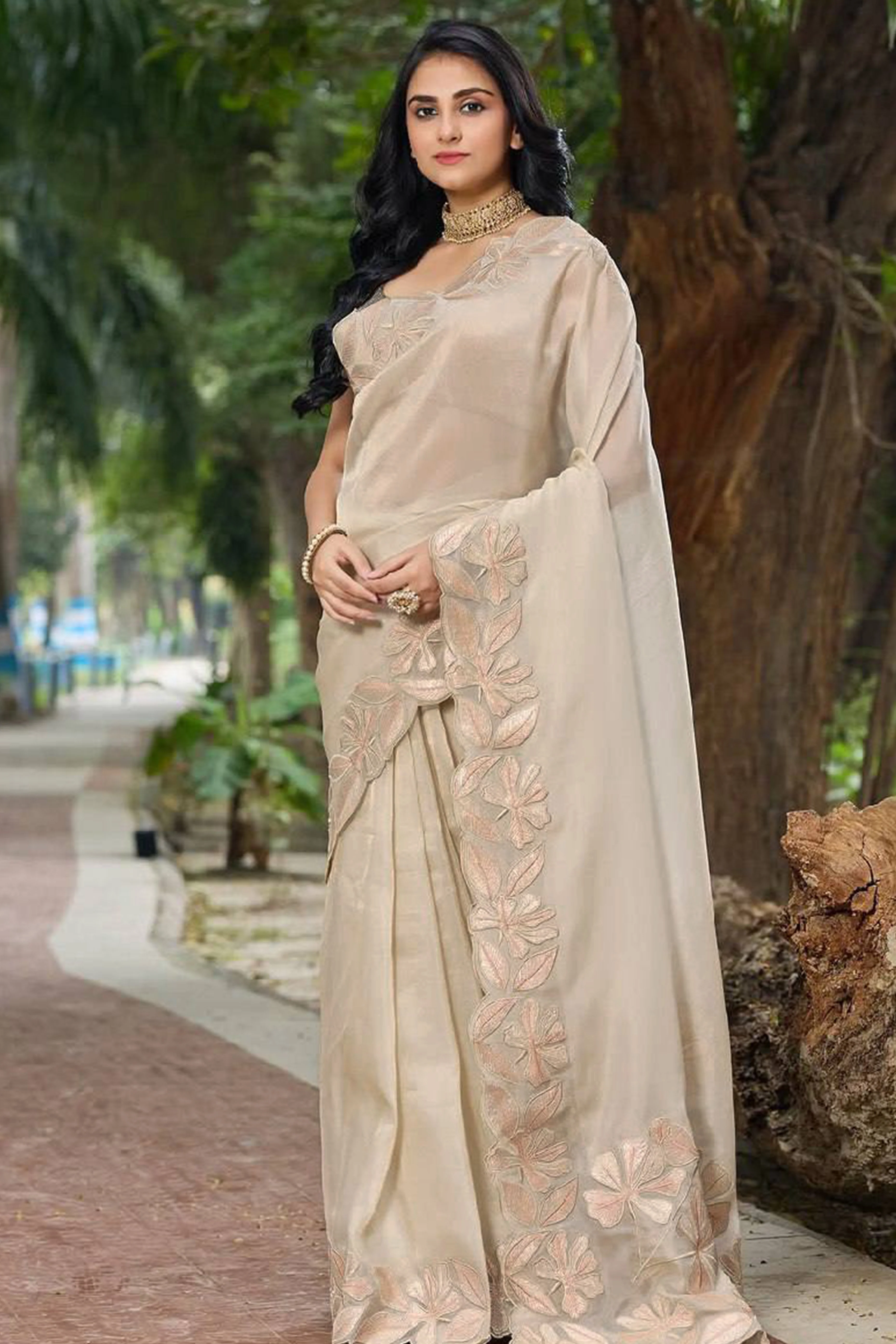 Sophisticated Beige Organza Silk Saree Beautified With Intricate Floral Embroidery & Sequins Work - Image 7