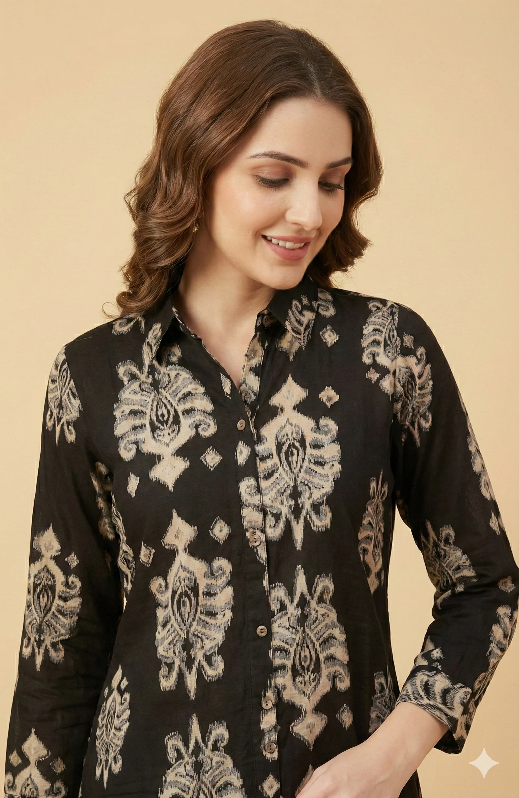 Sophisticated Black Ethnic Motif Printed Rayon Co-Ord Set With A Classic Shirt Collar Look - Image 2