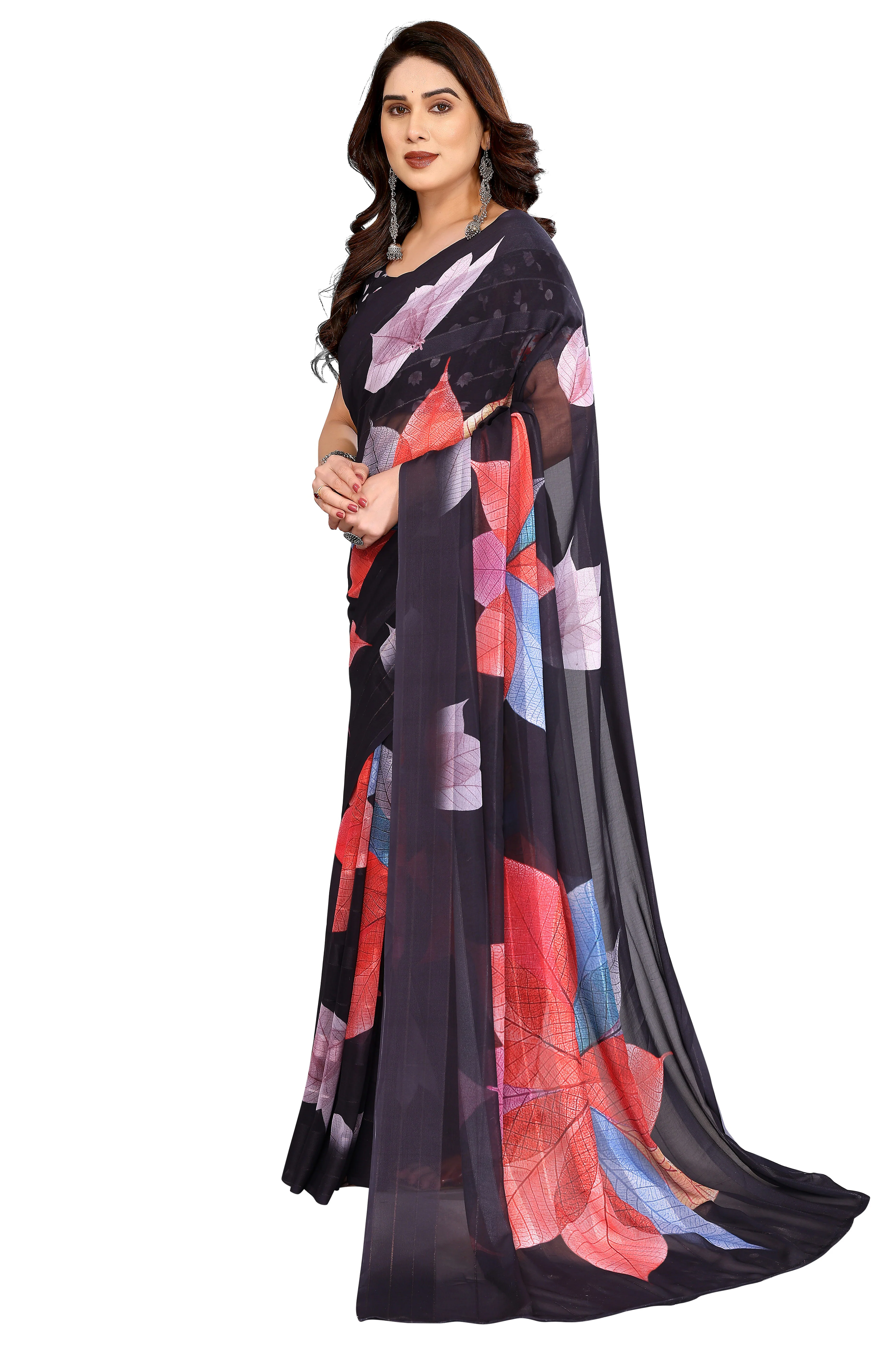 Sophisticated Black Floral Digital Print Georgettte Saree With Zari Touch & Striped Design - Image 3