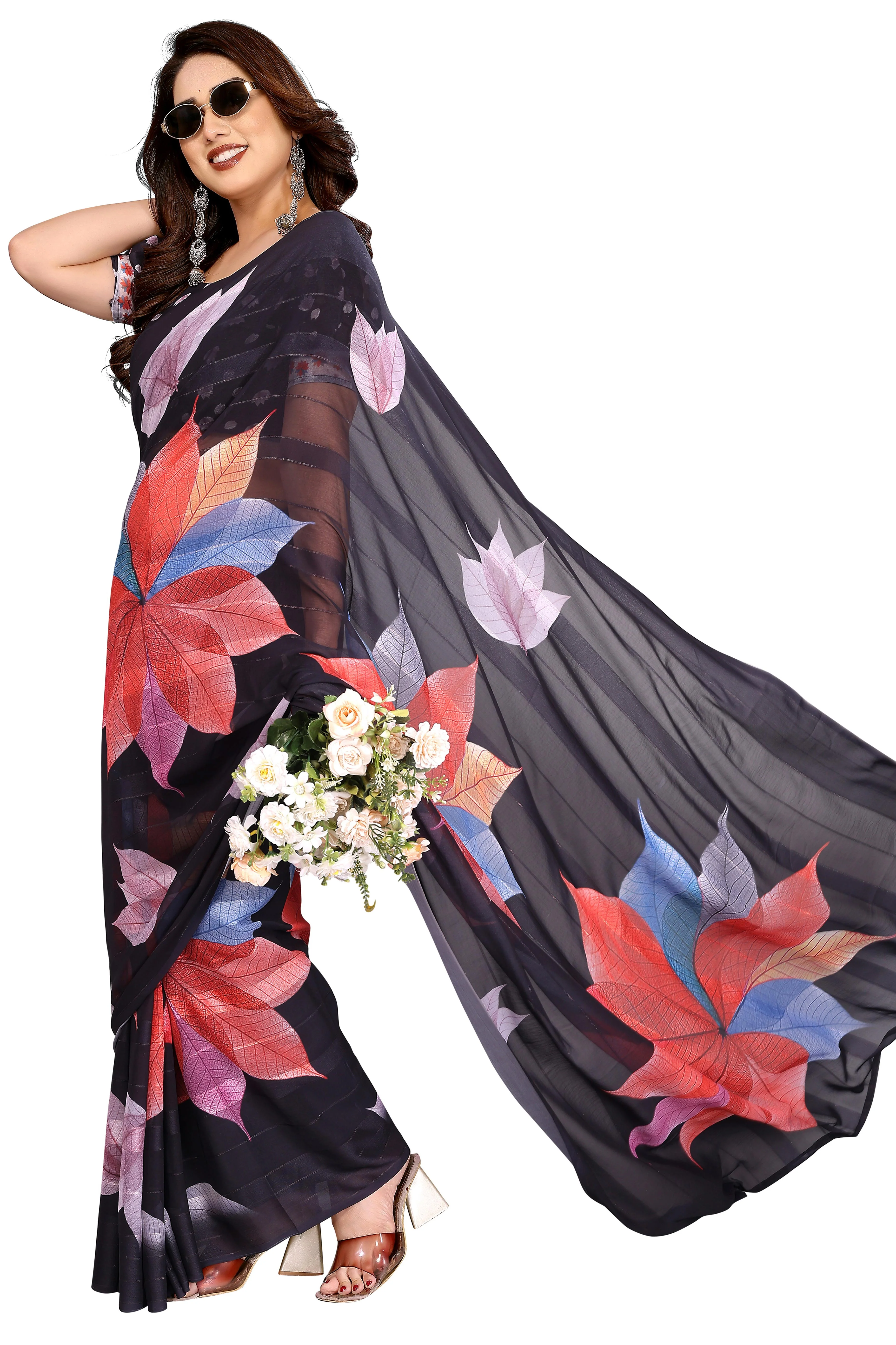 Sophisticated Black Floral Digital Print Georgettte Saree With Zari Touch & Striped Design - Image 4