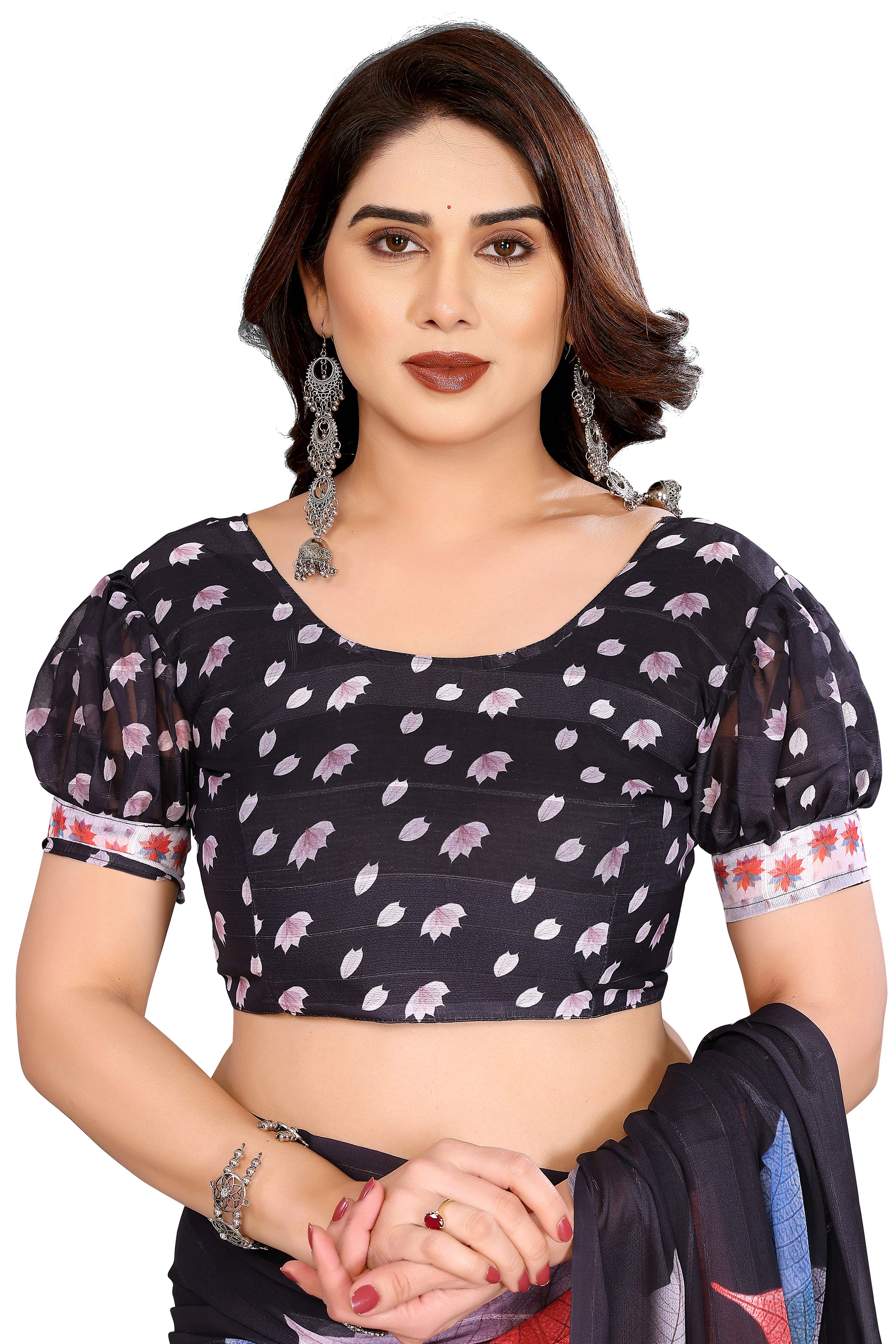 Sophisticated Black Floral Digital Print Georgettte Saree With Zari Touch & Striped Design - Image 6