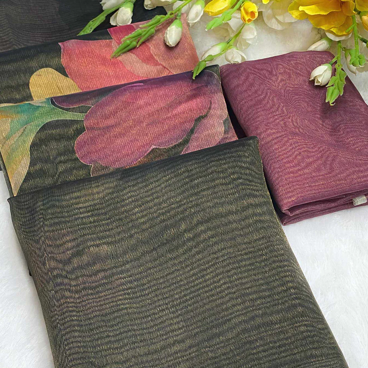 Sophisticated Black Floral Digital Print Tissue Saree Enhanced With Handmade Tassels - Image 2