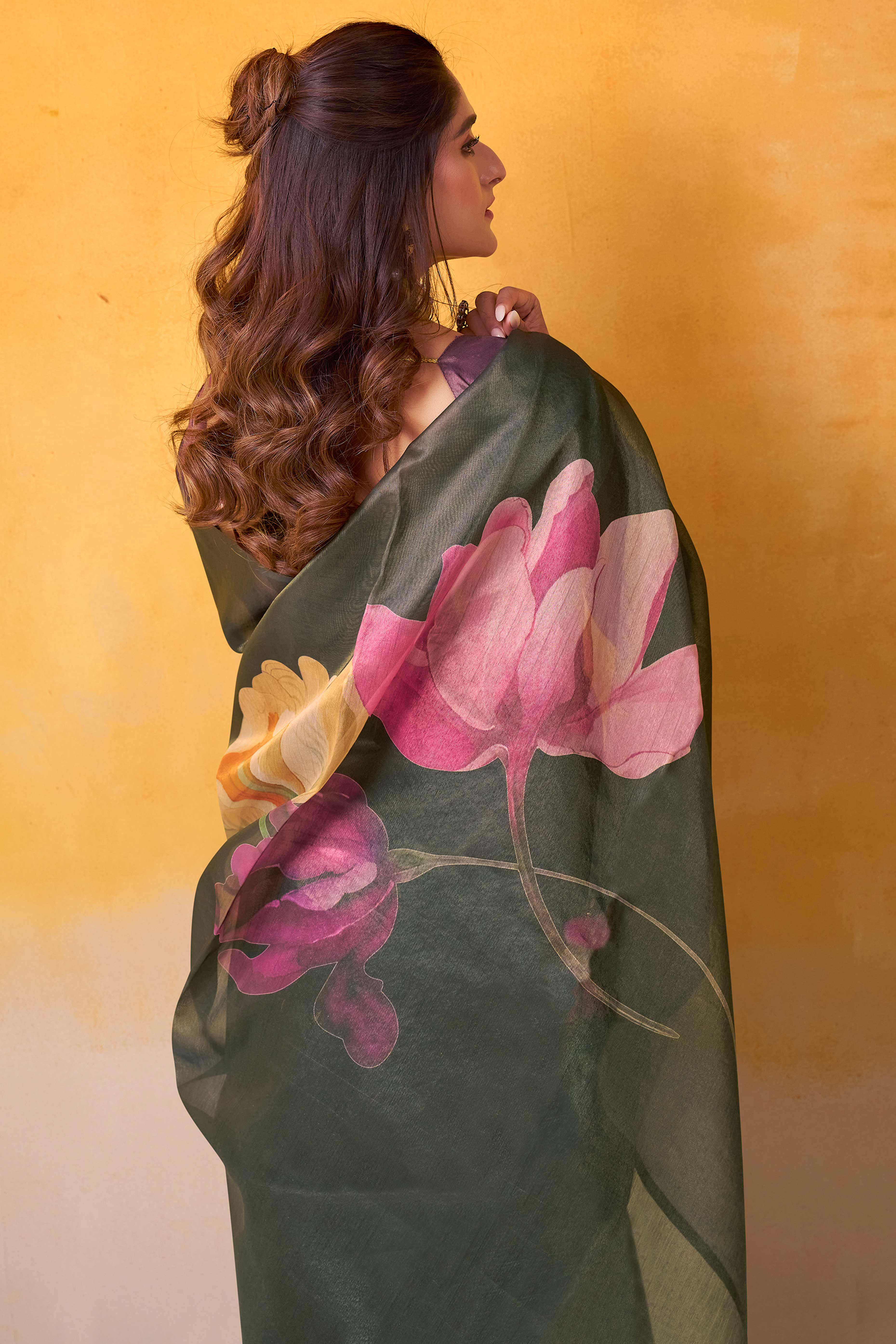 Sophisticated Black Floral Digital Print Tissue Saree Enhanced With Handmade Tassels - Image 6