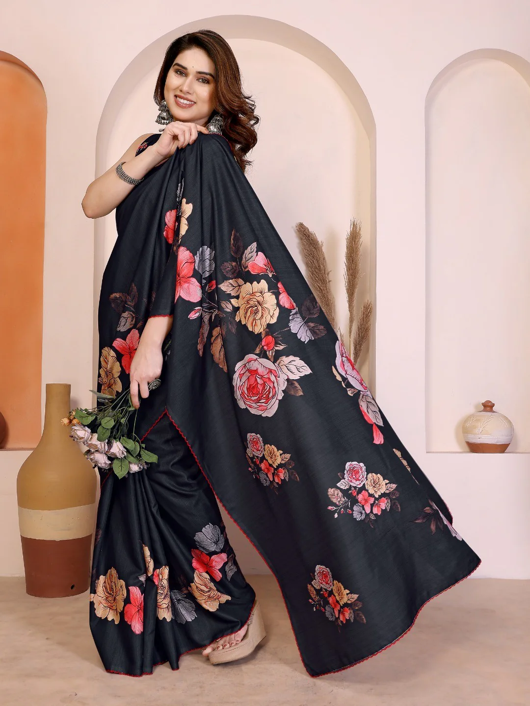 Sophisticated Black Manipuri Cotton Silk Saree Enhanced With Vibrant Floral Digital Prints