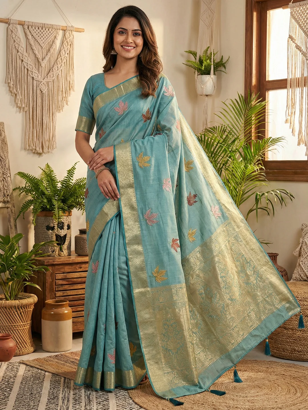 Sophisticated Blue Cotton Blend Saree Enhanced With Leaf Embroidery & Lustrous Zari Weaving