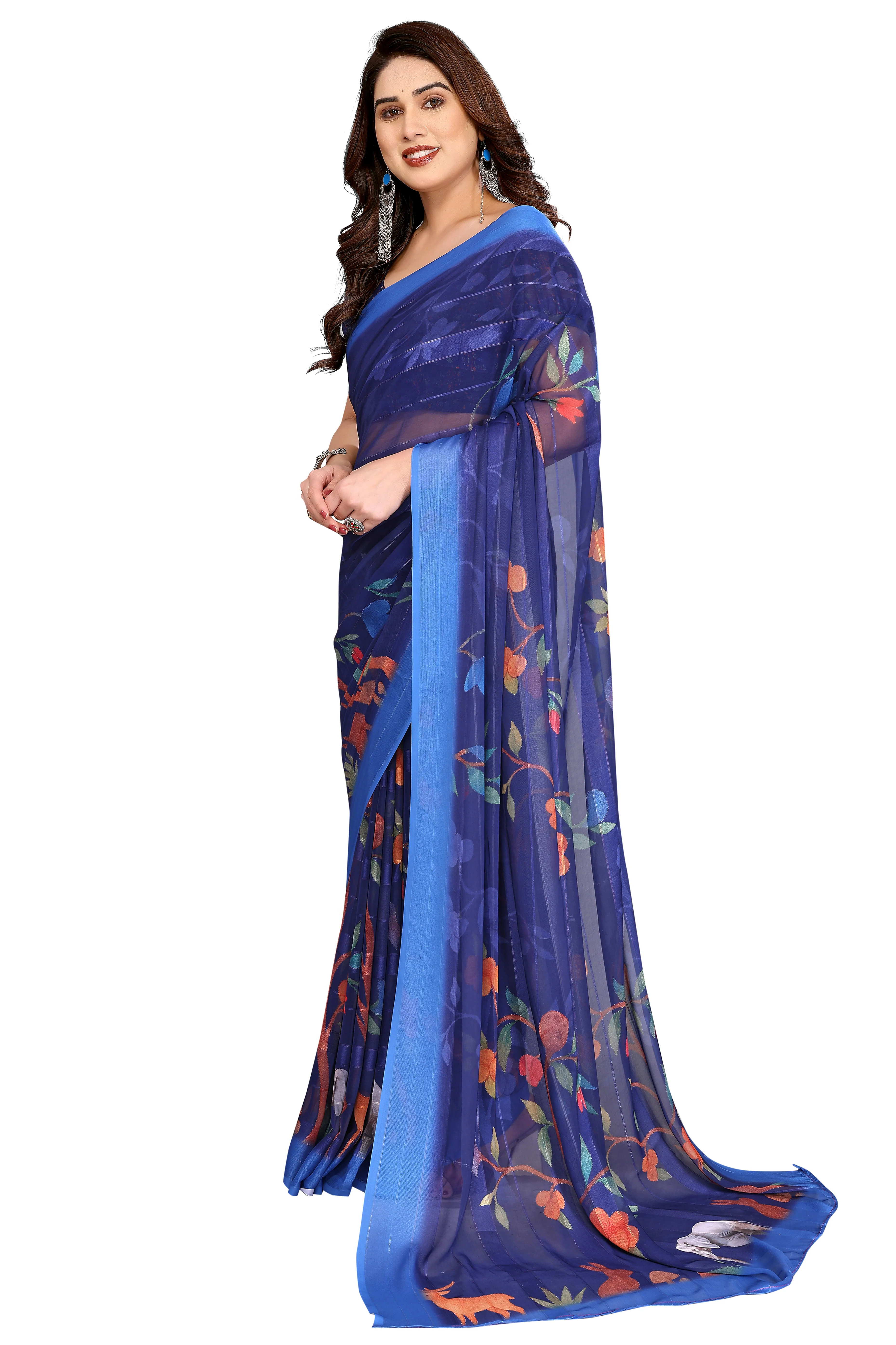 Sophisticated Blue Floral Digital Print Georgettte Saree With Zari Touch & Striped Design - Image 3