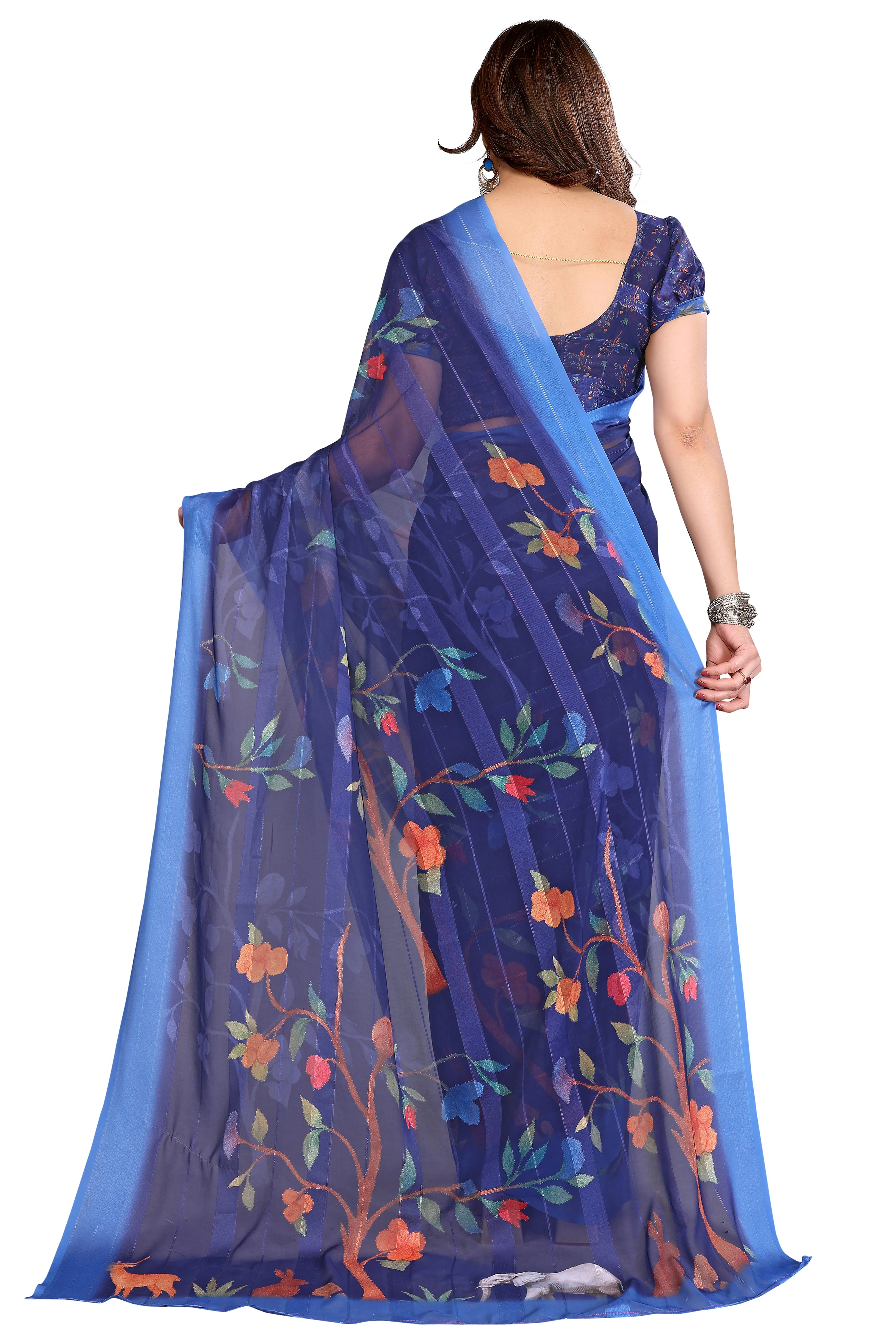 Sophisticated Blue Floral Digital Print Georgettte Saree With Zari Touch & Striped Design - Image 5