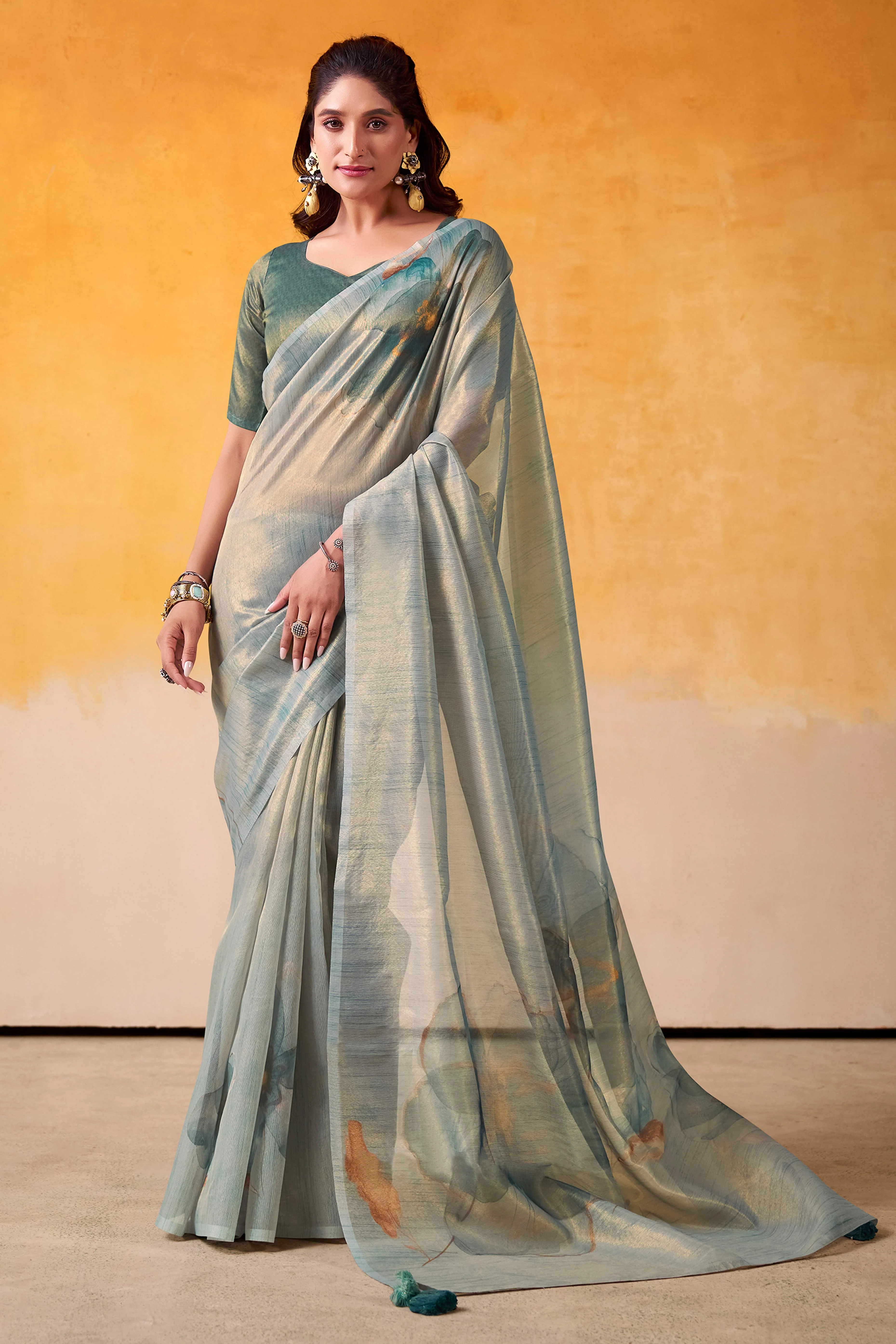 Sophisticated Blue Floral Digital Print Tissue Saree Enhanced With Handmade Tassels - Image 4