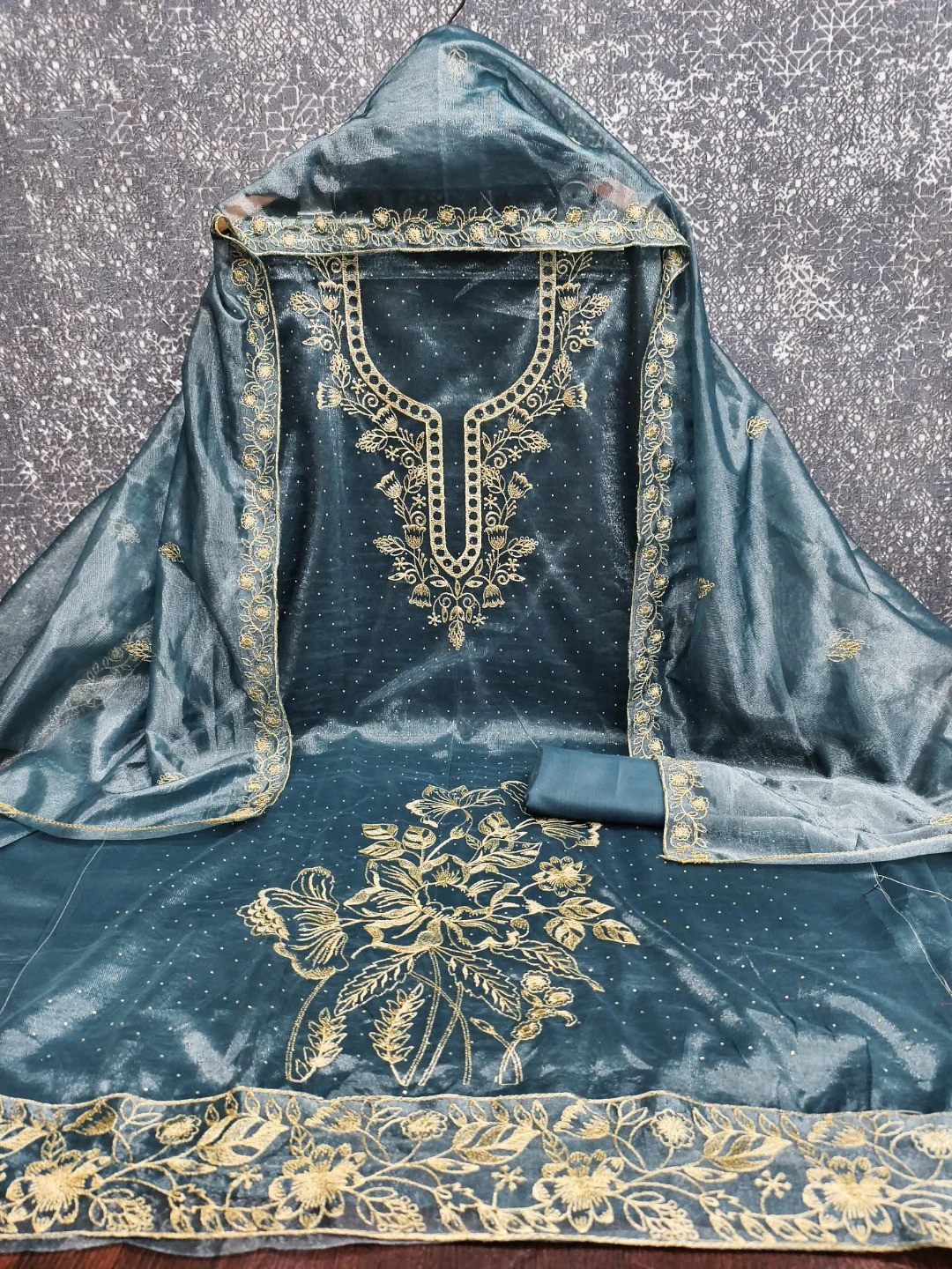 Sophisticated Blue Floral Embroidered Organza Dress Material With Fine Swarovski Accents - Image 2