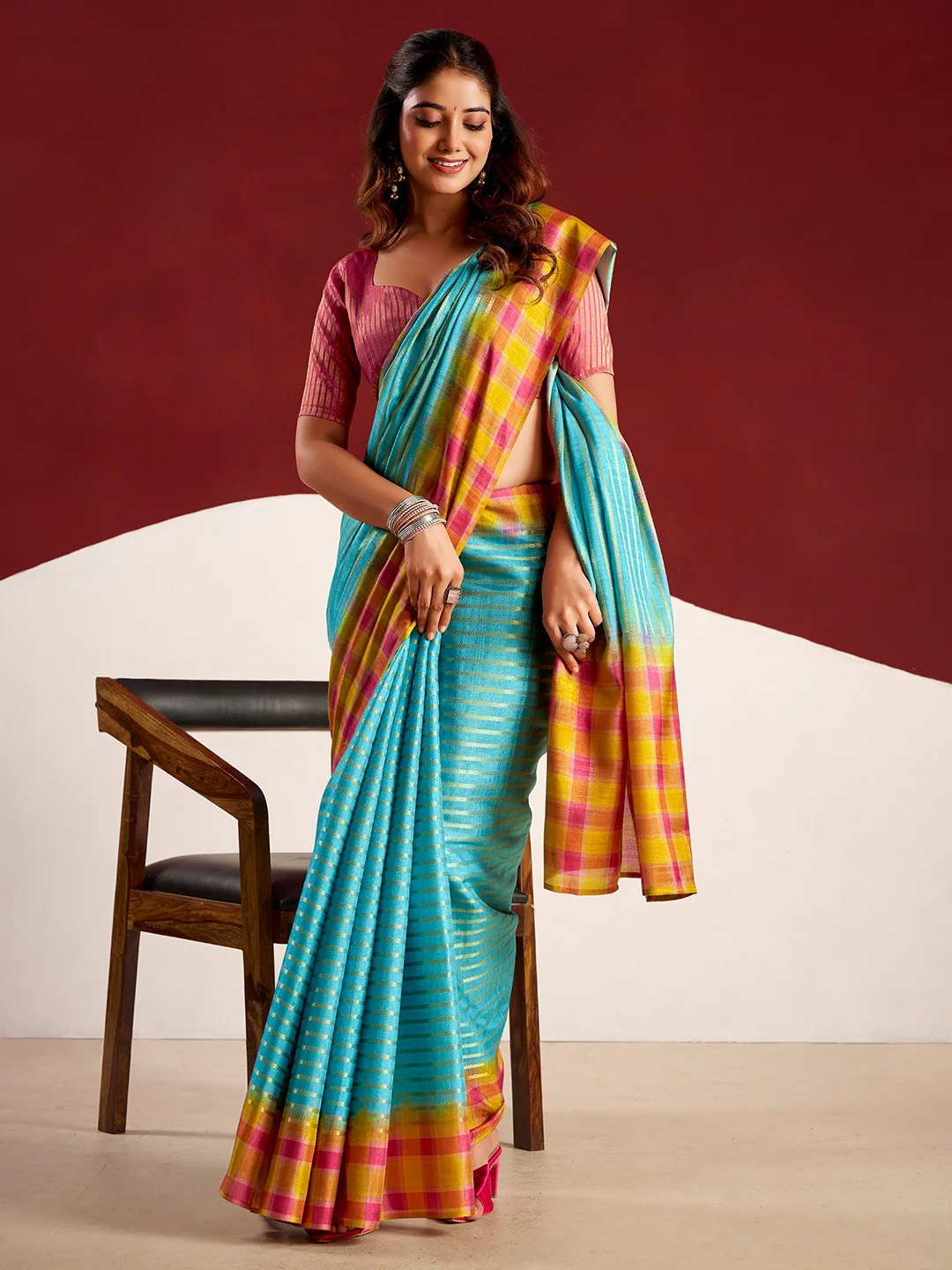 Sophisticated Blue Tussar Silk Saree With Rich Golden Zari Weaving Stripes - Image 3