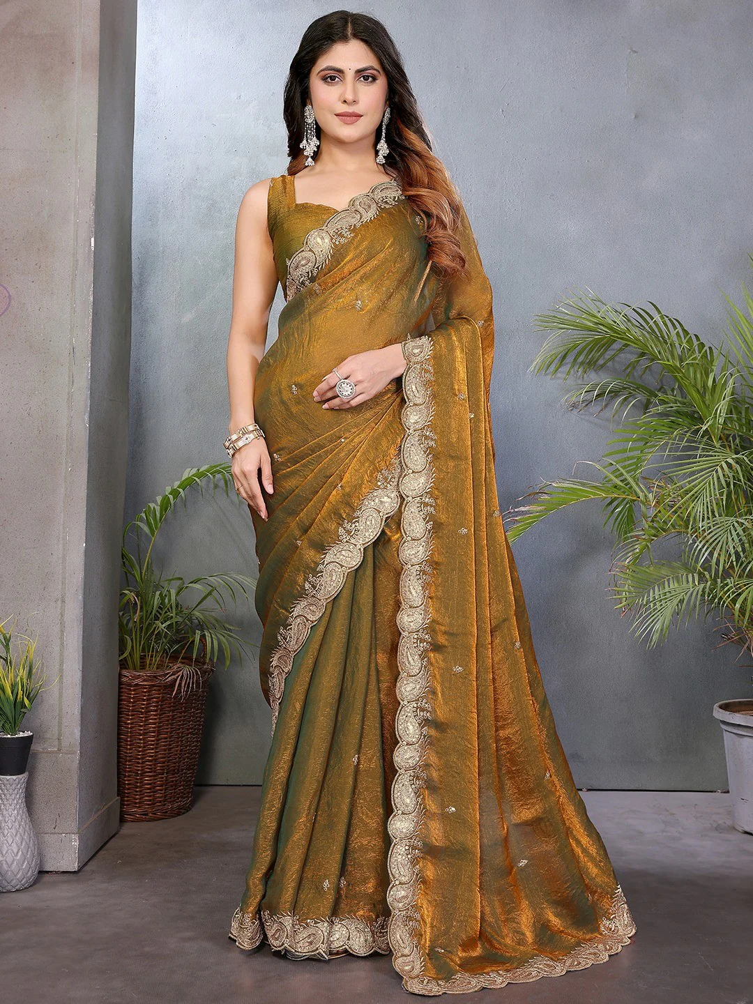 Sophisticated Copper Gold Paisley Pattern Saree Featuring Sequins Embroidery On Organza Chiffon Silk