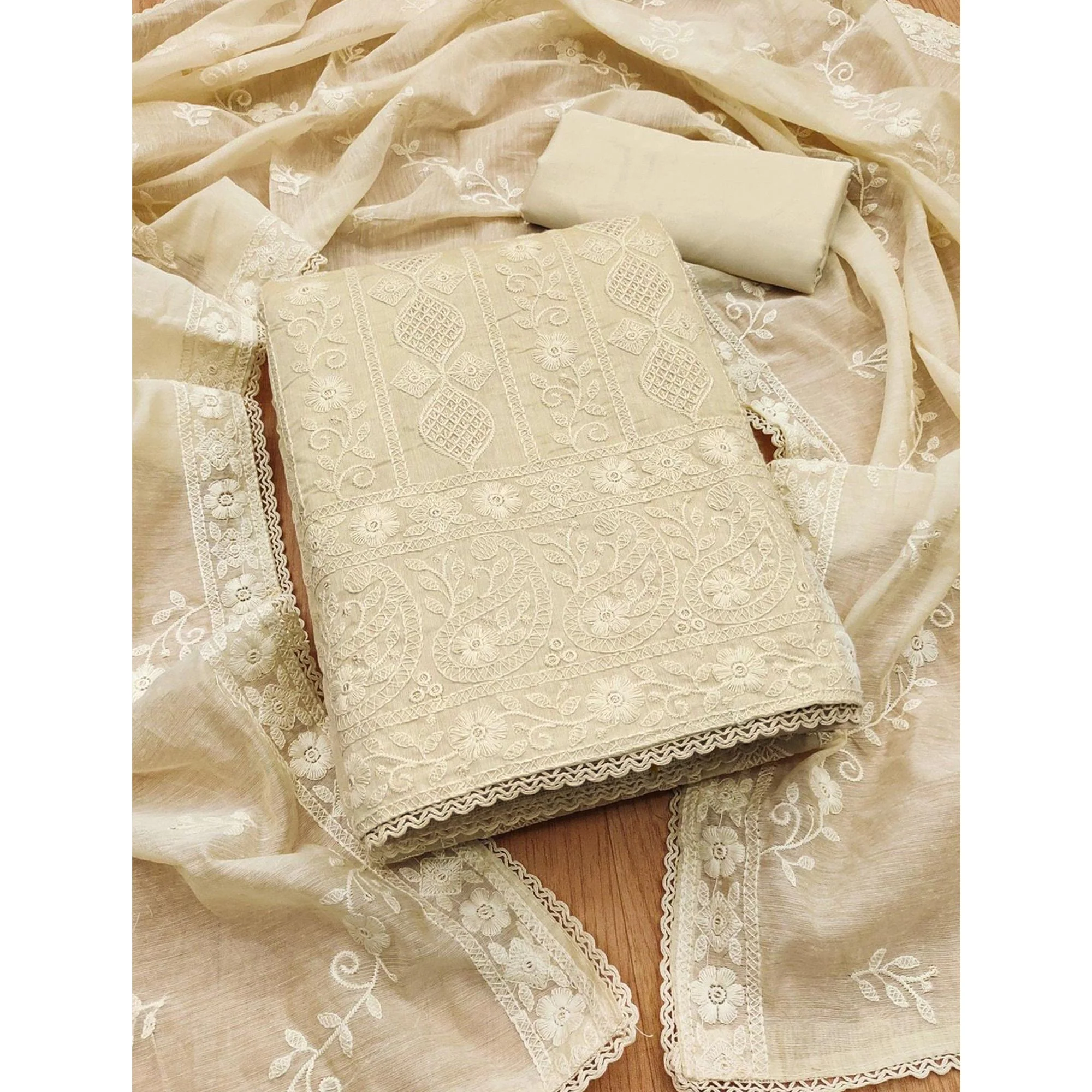 Sophisticated Cream Chanderi Silk Dress Material Highlighted with Classic Lucknowi Work - Image 3
