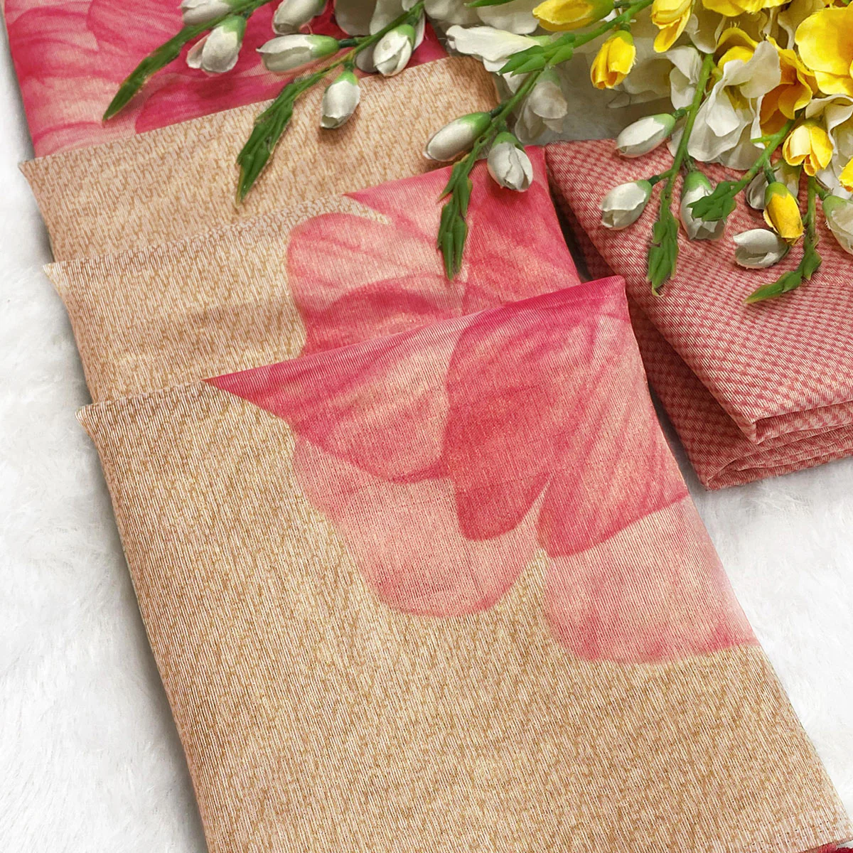 Sophisticated Cream Floral Digital Print Tissue Saree Enhanced With Handmade Tassels - Image 2