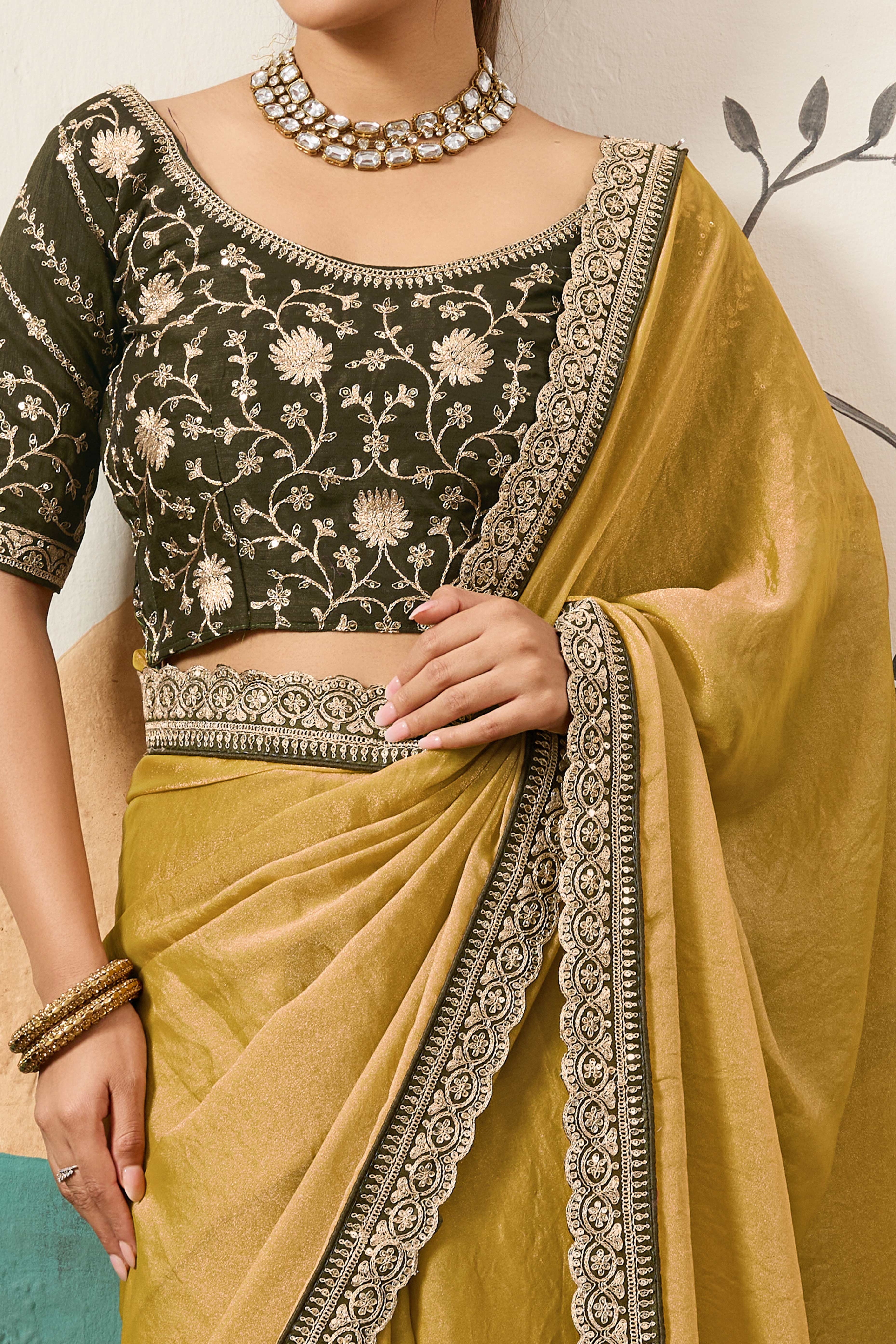 Sophisticated Dark Mustard Solid Moss Orgnaza Saree With Intricate Cording Sequin Embroidery Border - Image 2