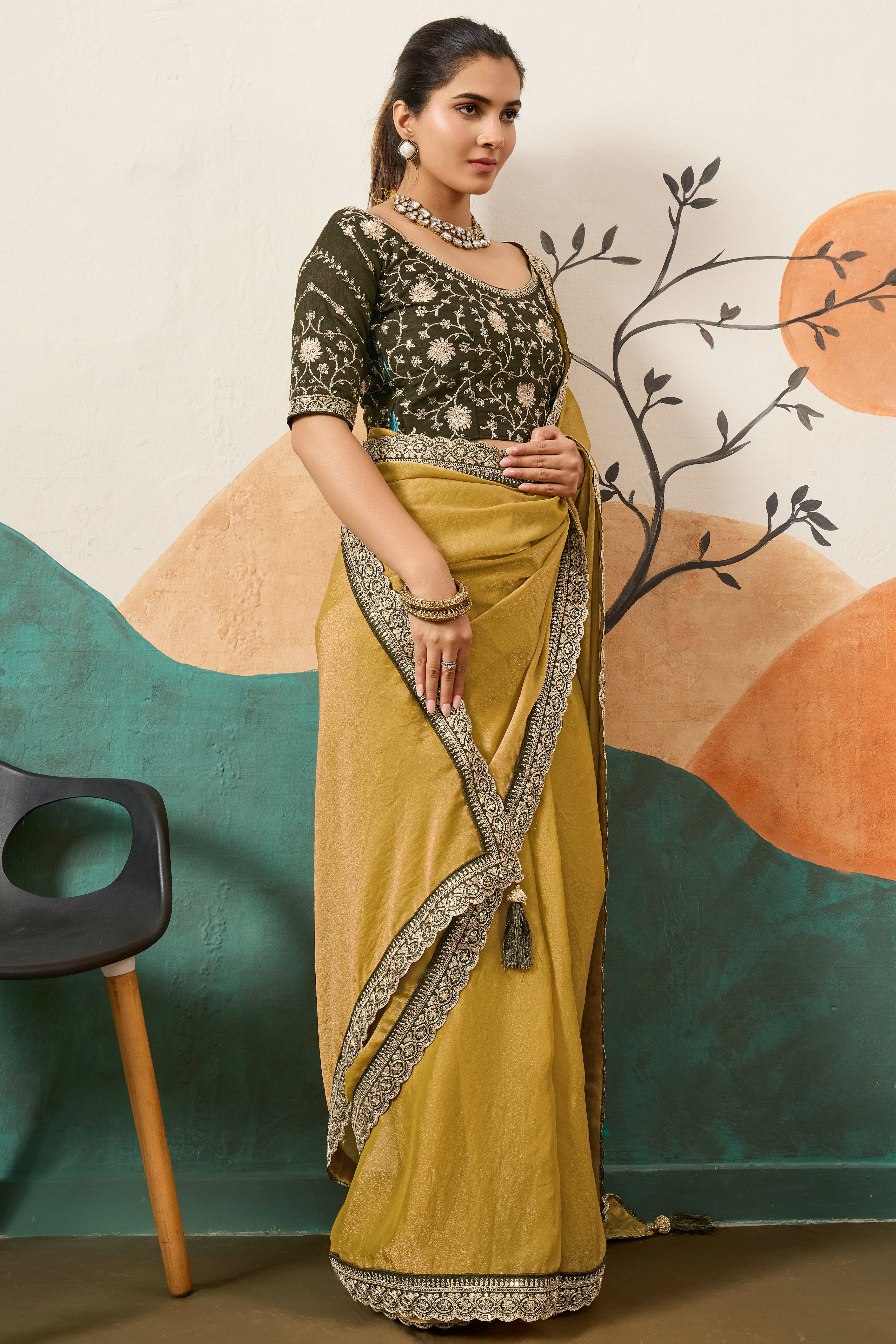 Sophisticated Dark Mustard Solid Moss Orgnaza Saree With Intricate Cording Sequin Embroidery Border - Image 3
