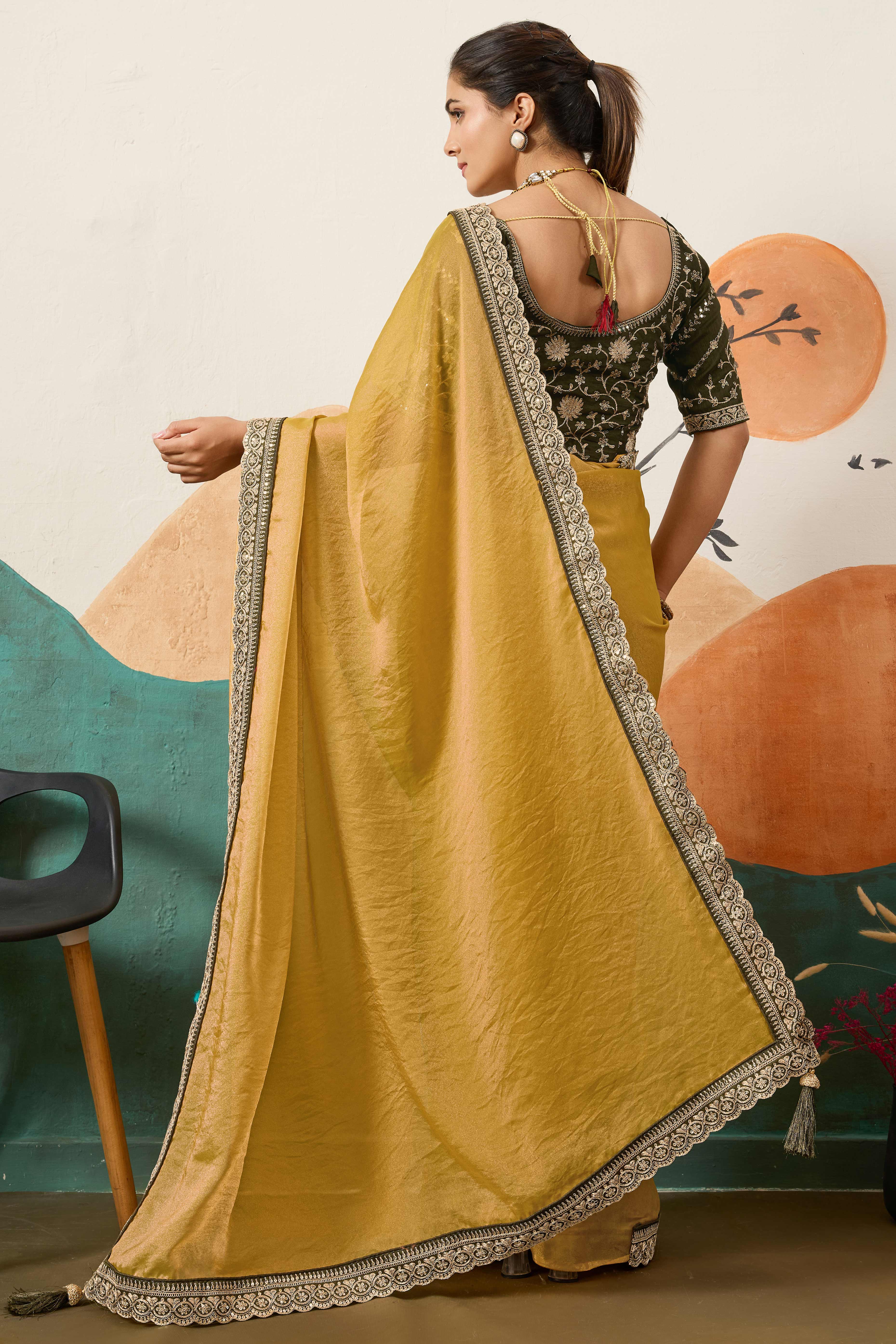 Sophisticated Dark Mustard Solid Moss Orgnaza Saree With Intricate Cording Sequin Embroidery Border - Image 4