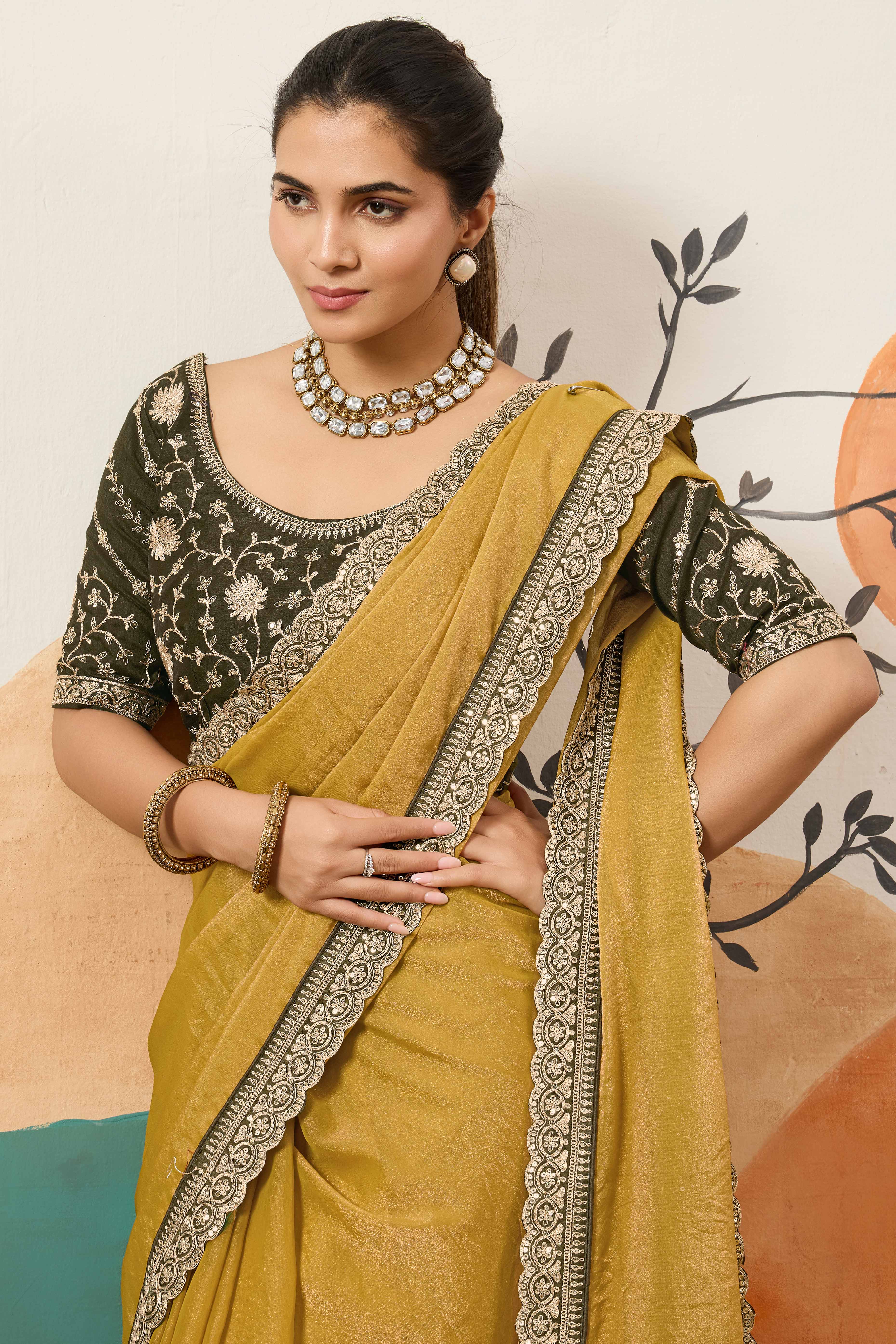 Sophisticated Dark Mustard Solid Moss Orgnaza Saree With Intricate Cording Sequin Embroidery Border - Image 5