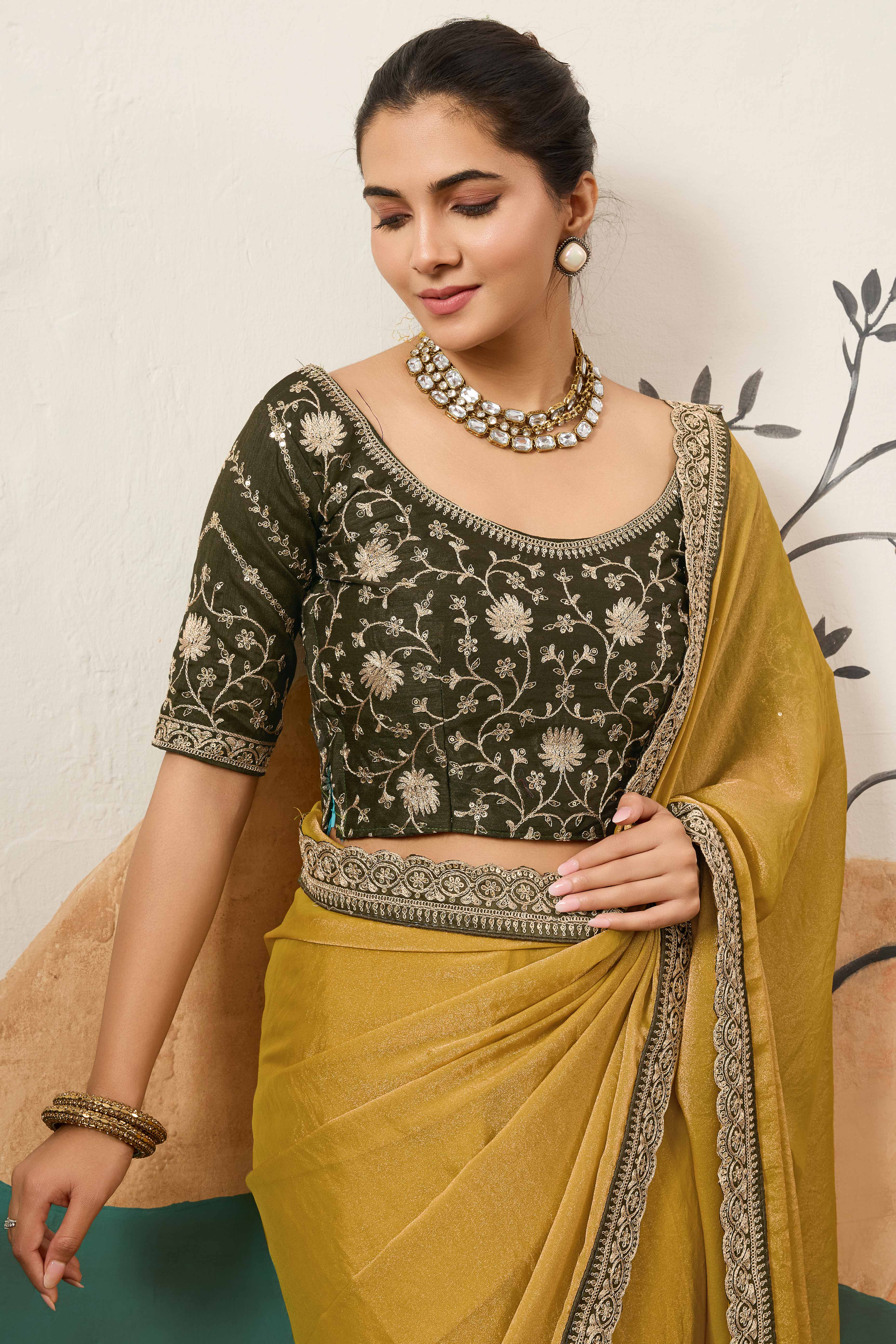 Sophisticated Dark Mustard Solid Moss Orgnaza Saree With Intricate Cording Sequin Embroidery Border - Image 6