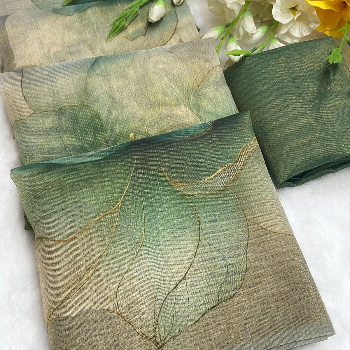 Sophisticated Dusty Green Floral Digital Print Tissue Saree Enhanced With Handmade Tassels - Image 2