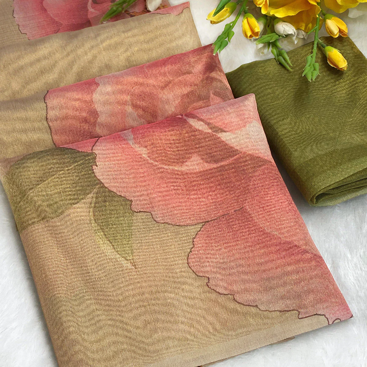 Sophisticated Golden Floral Digital Print Tissue Saree Enhanced With Handmade Tassels - Image 2