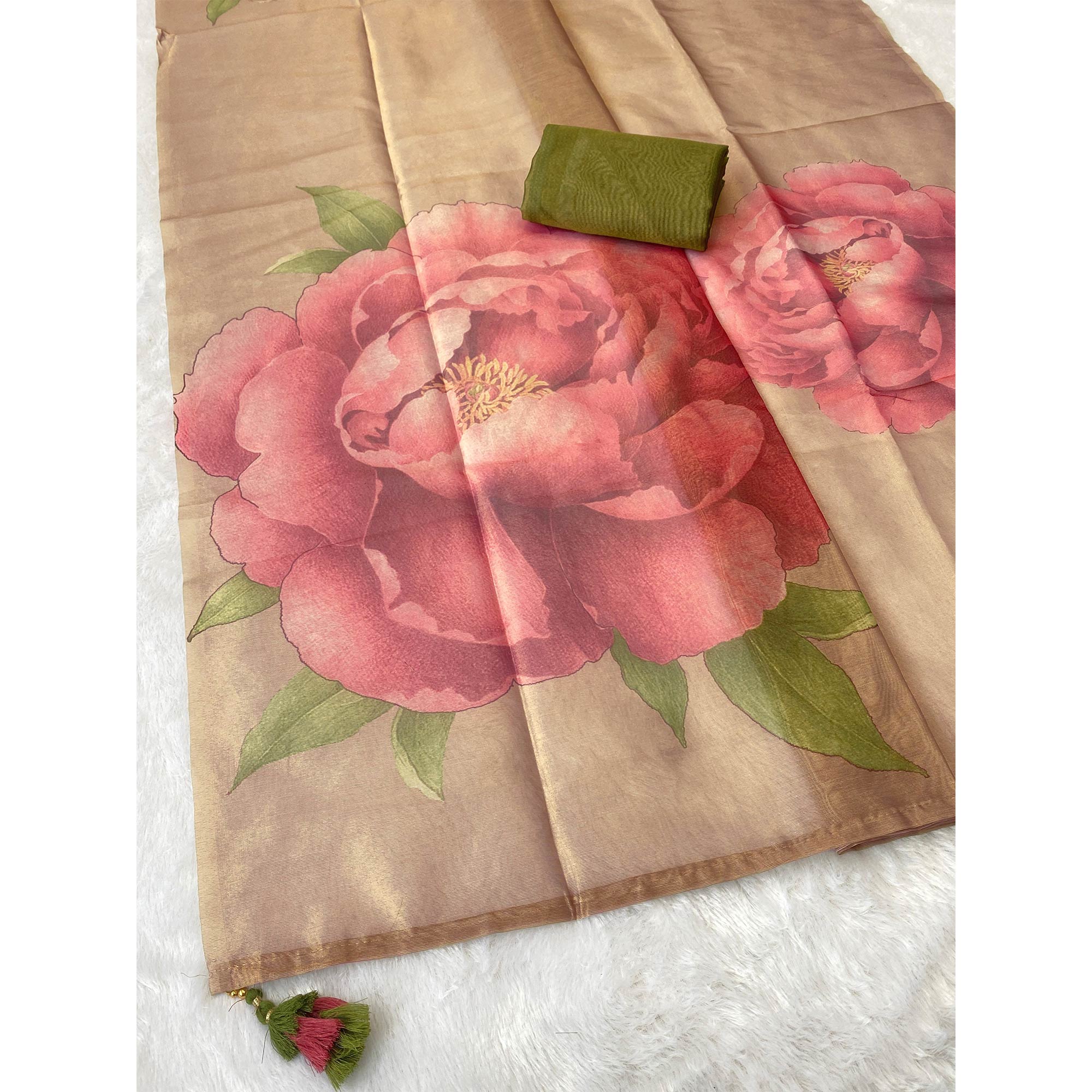 Sophisticated Golden Floral Digital Print Tissue Saree Enhanced With Handmade Tassels - Image 3