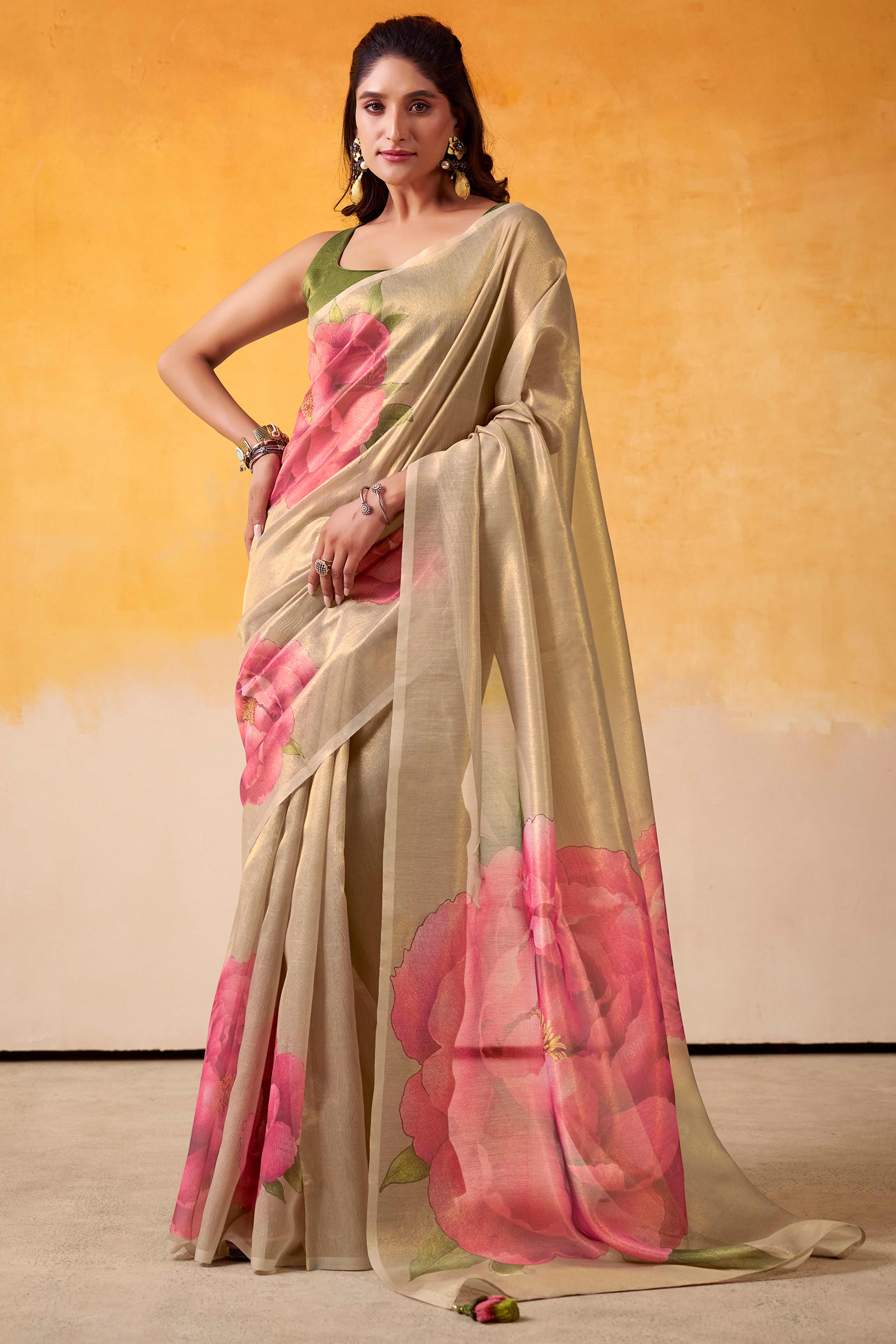 Sophisticated Golden Floral Digital Print Tissue Saree Enhanced With Handmade Tassels - Image 4