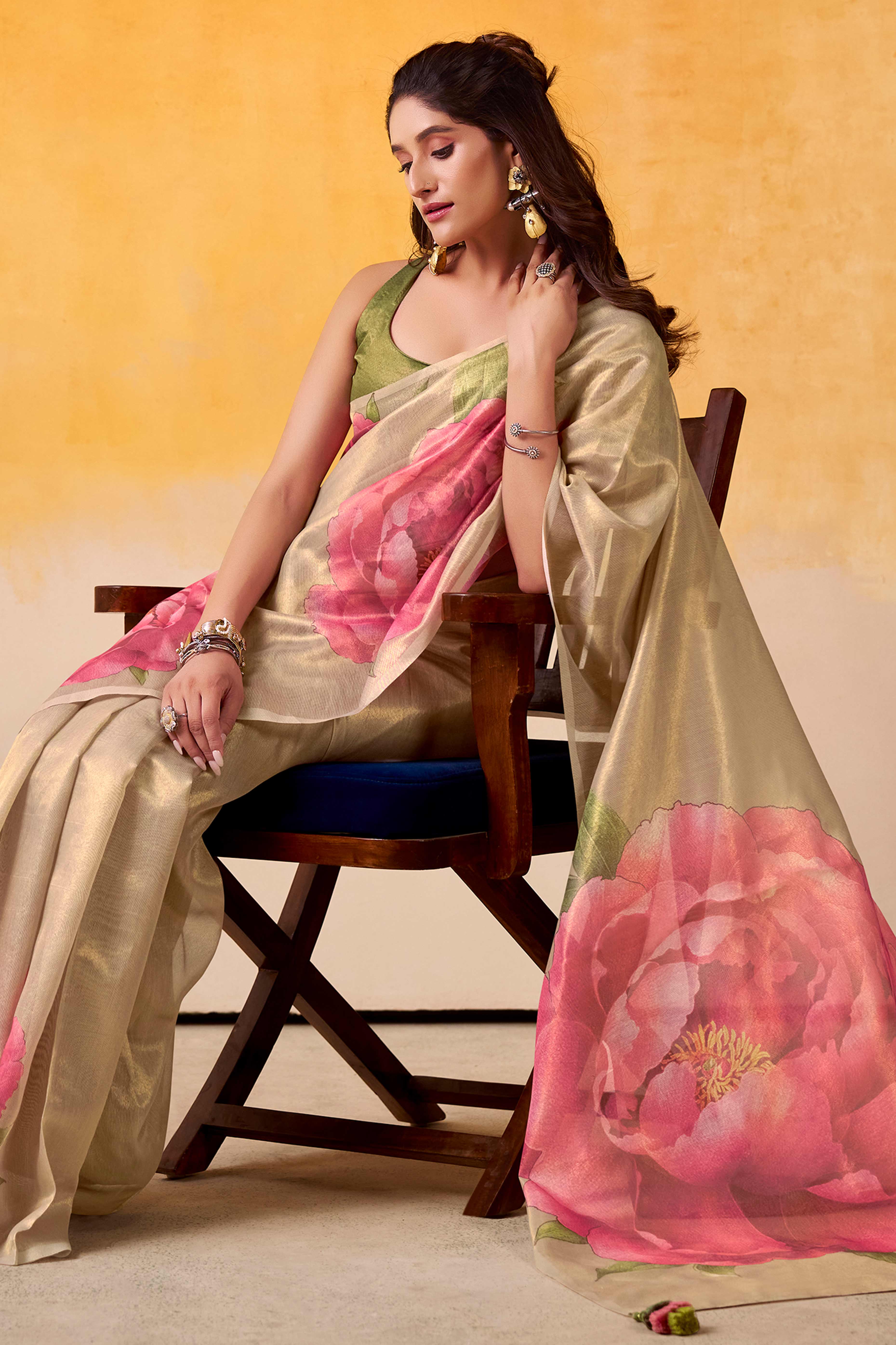 Sophisticated Golden Floral Digital Print Tissue Saree Enhanced With Handmade Tassels - Image 5