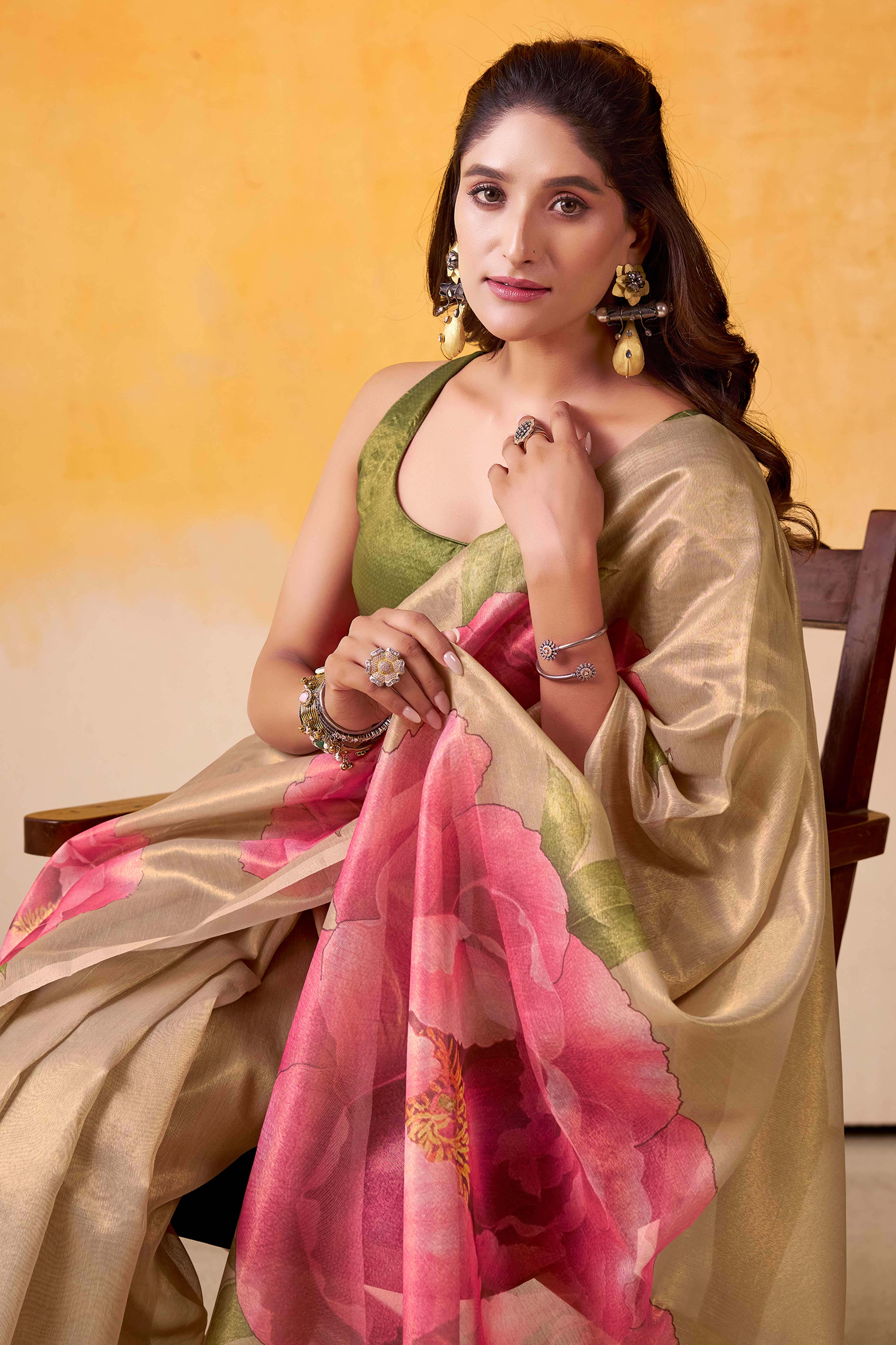 Sophisticated Golden Floral Digital Print Tissue Saree Enhanced With Handmade Tassels - Image 6