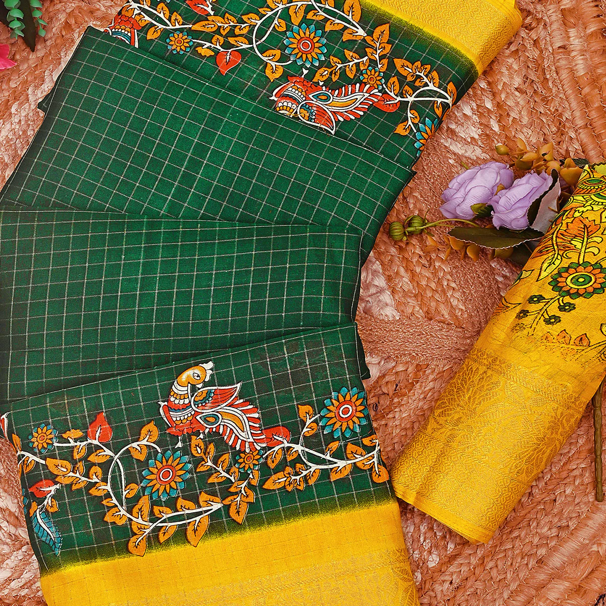 Sophisticated Green Checks & Peacock Design Saree Crafted In Dola Silk With Weaving Jacquard Border - Image 2