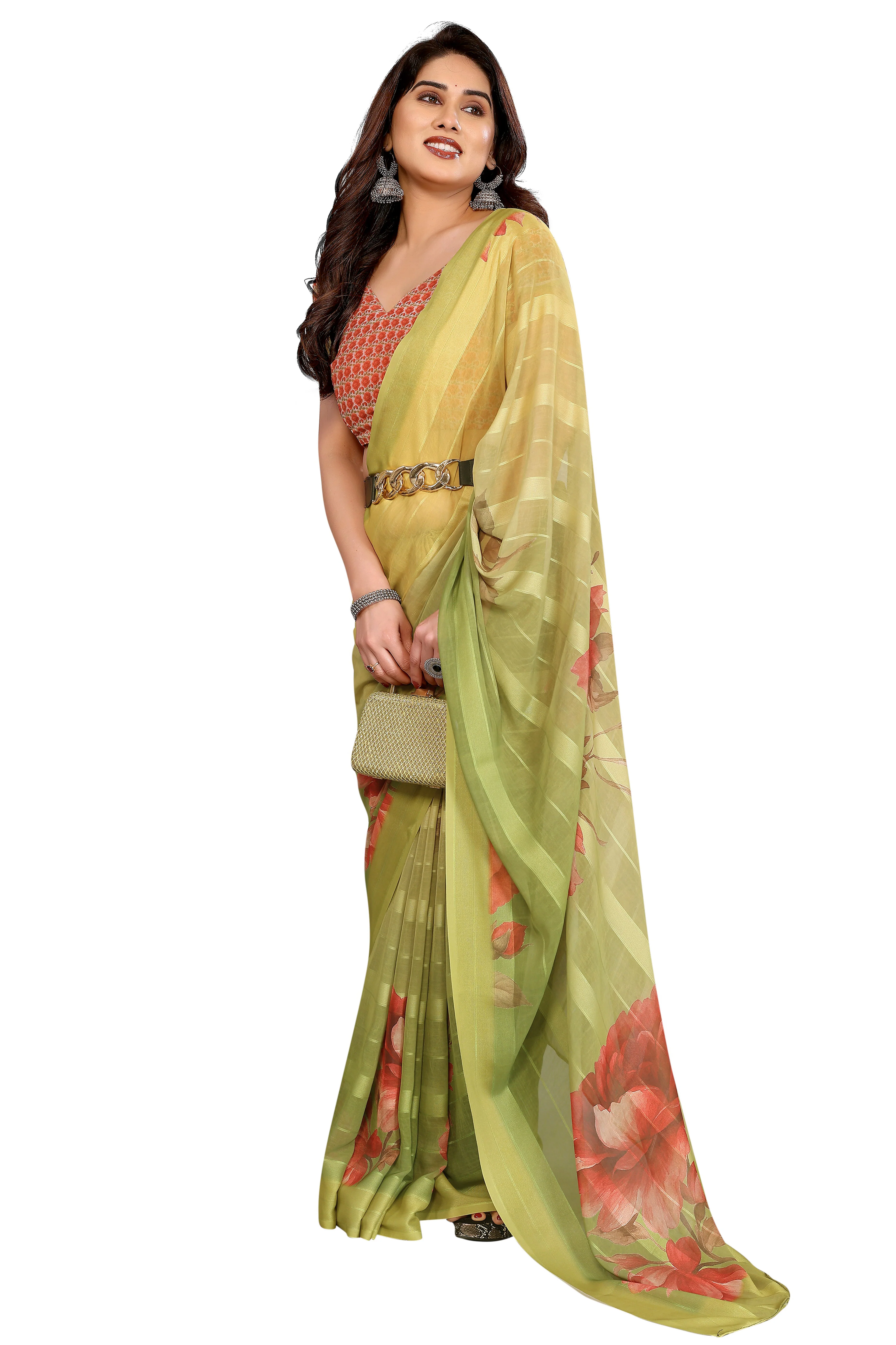 Sophisticated Green Floral Digital Print Georgettte Saree With Zari Touch & Striped Design - Image 3