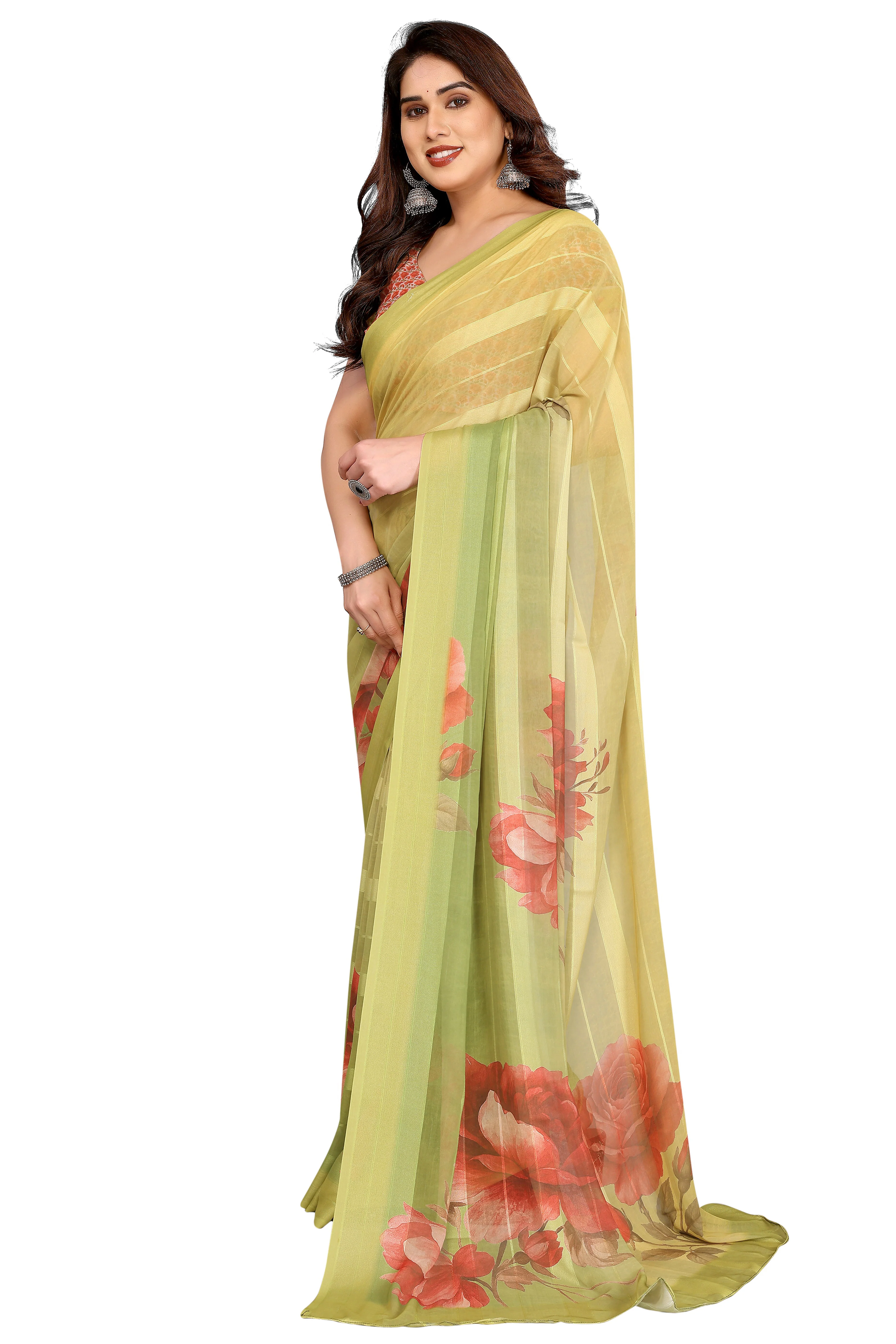 Sophisticated Green Floral Digital Print Georgettte Saree With Zari Touch & Striped Design - Image 4