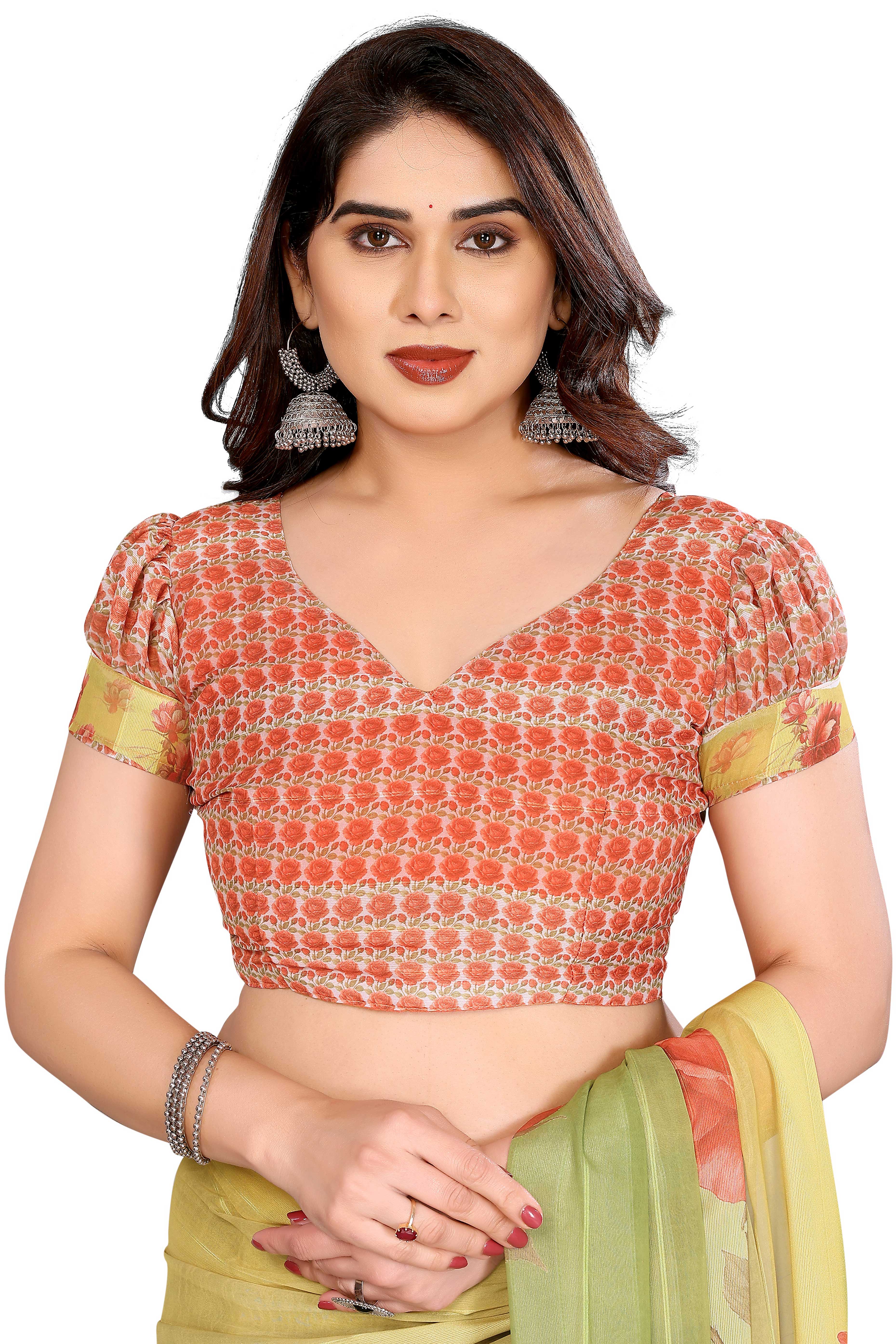 Sophisticated Green Floral Digital Print Georgettte Saree With Zari Touch & Striped Design - Image 6