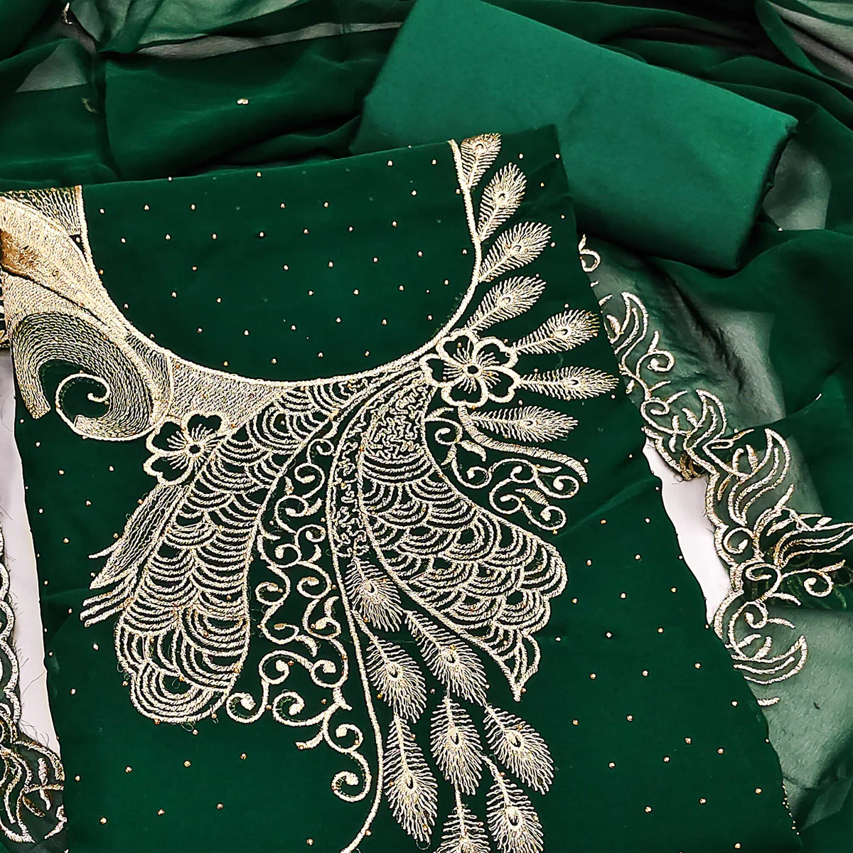 Sophisticated Green Floral Embroidered Georgette Dress Material Enhanced With Fine Swarovski Work - Image 2