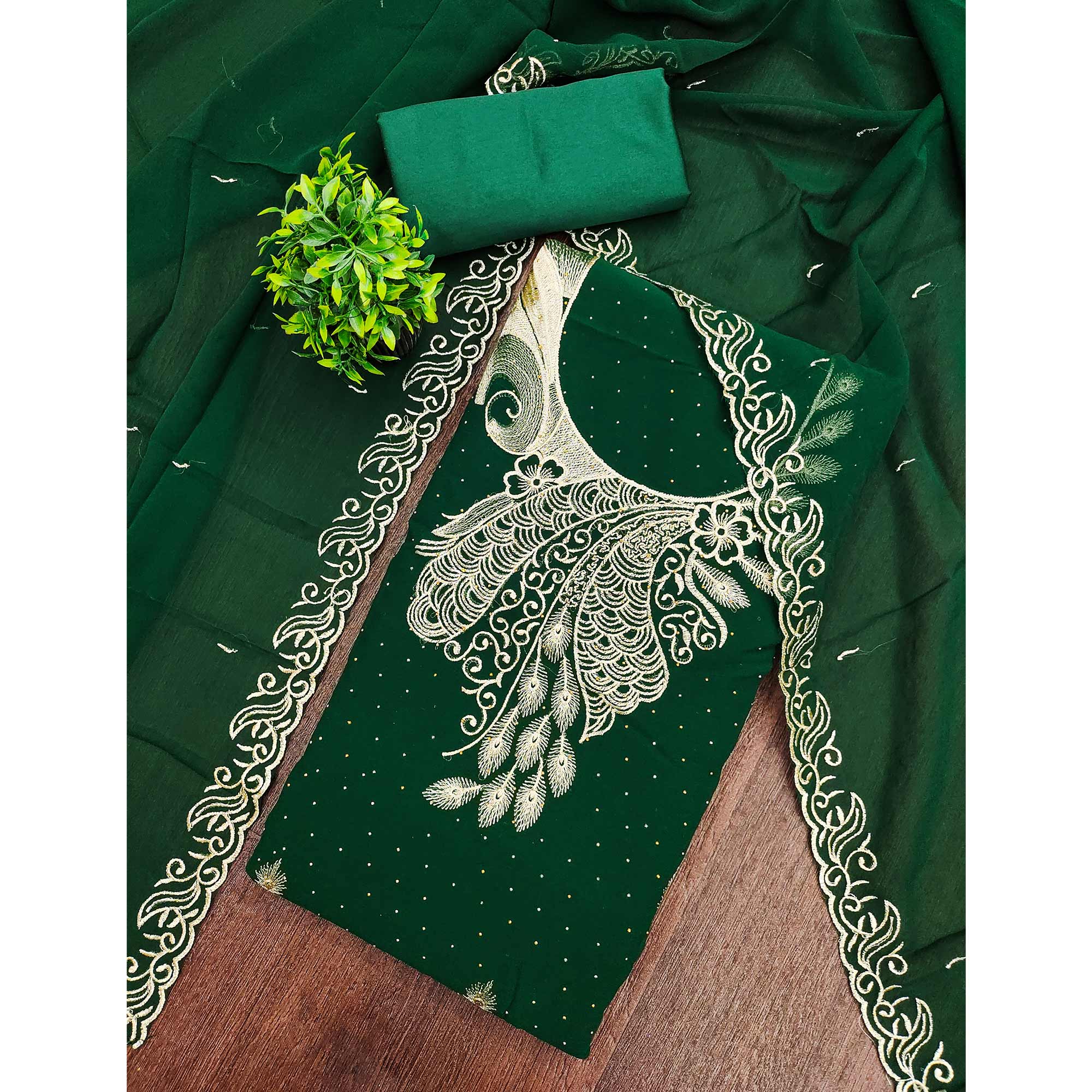 Sophisticated Green Floral Embroidered Georgette Dress Material Enhanced With Fine Swarovski Work - Image 3