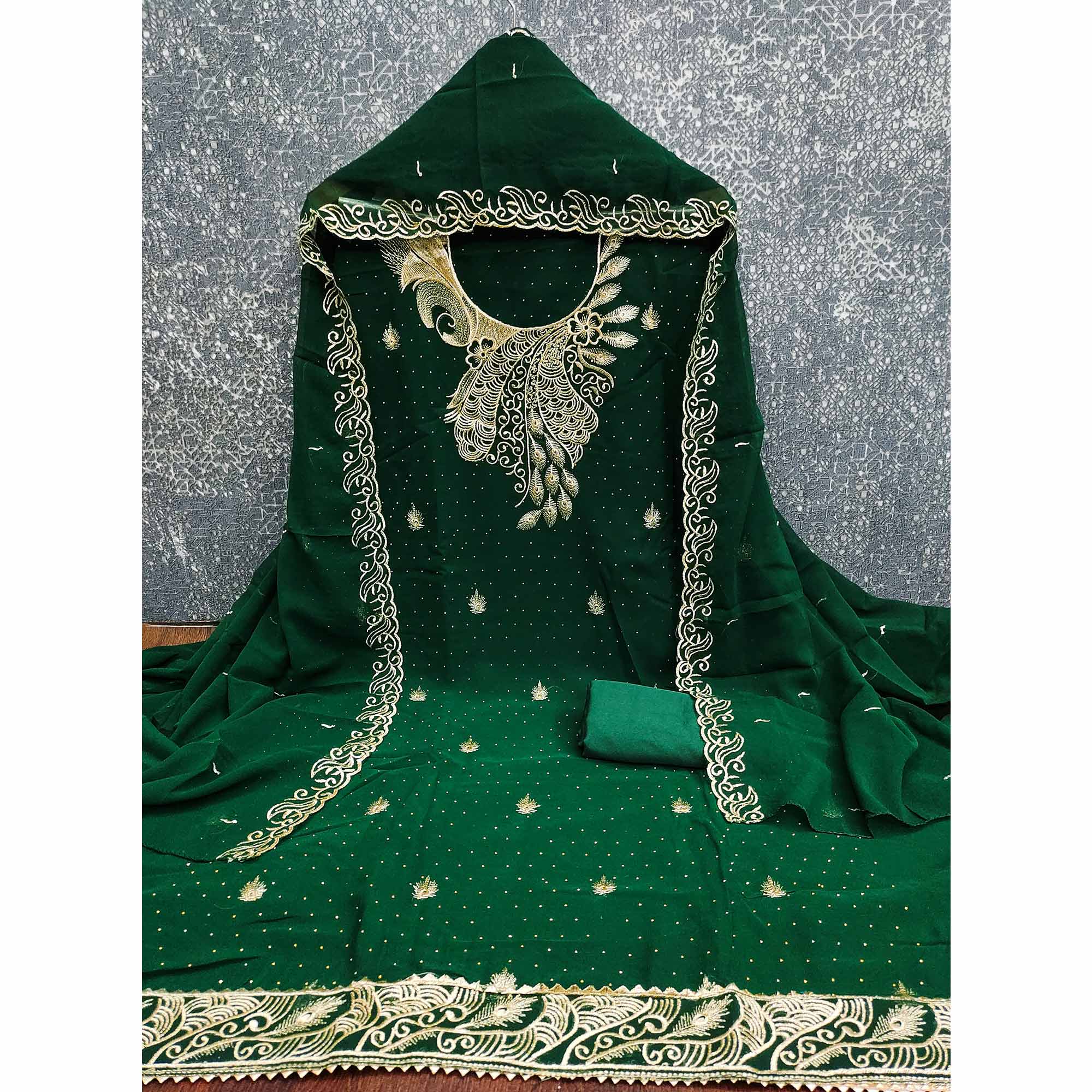 Sophisticated Green Floral Embroidered Georgette Dress Material Enhanced With Fine Swarovski Work - Image 4
