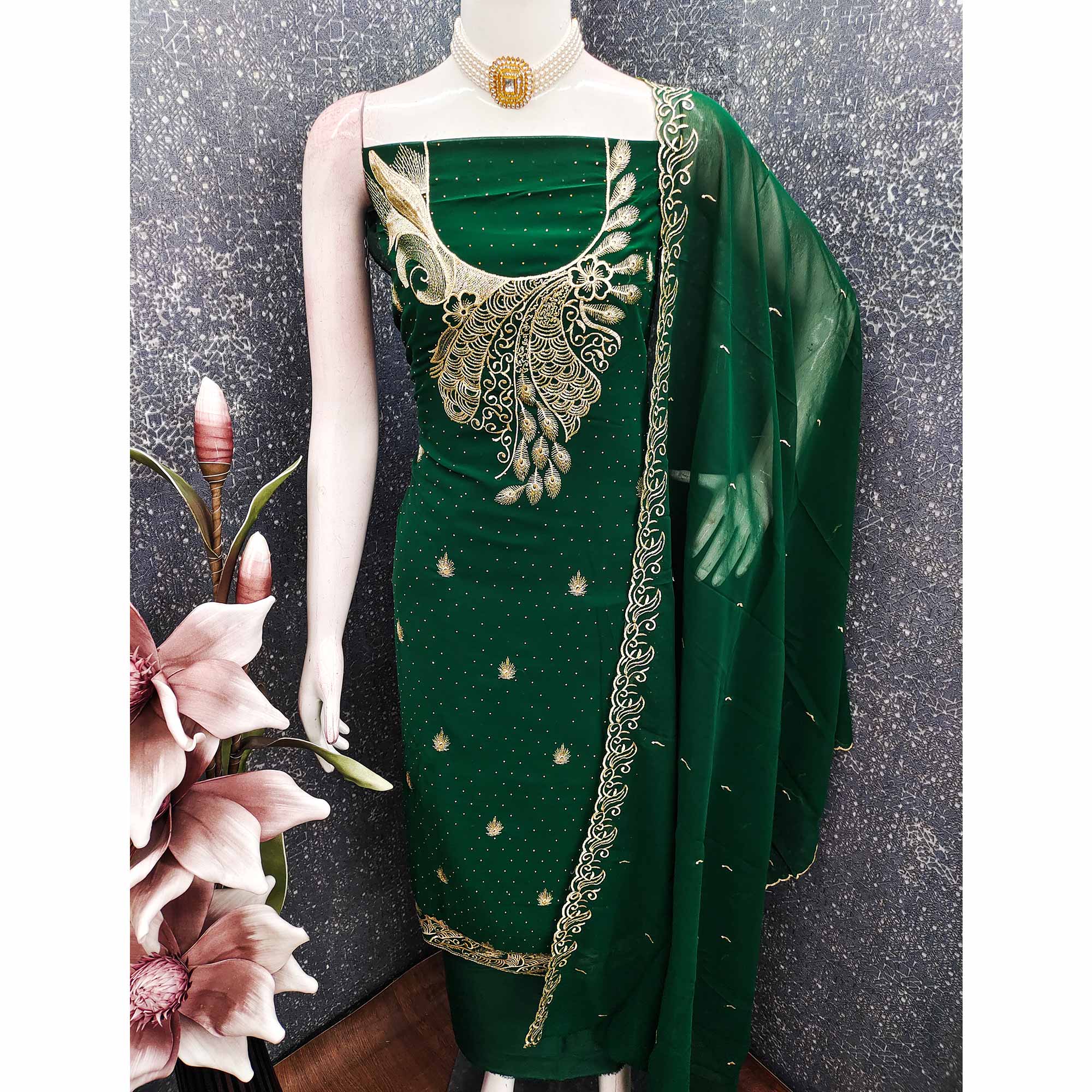 Sophisticated Green Floral Embroidered Georgette Dress Material Enhanced With Fine Swarovski Work - Image 5