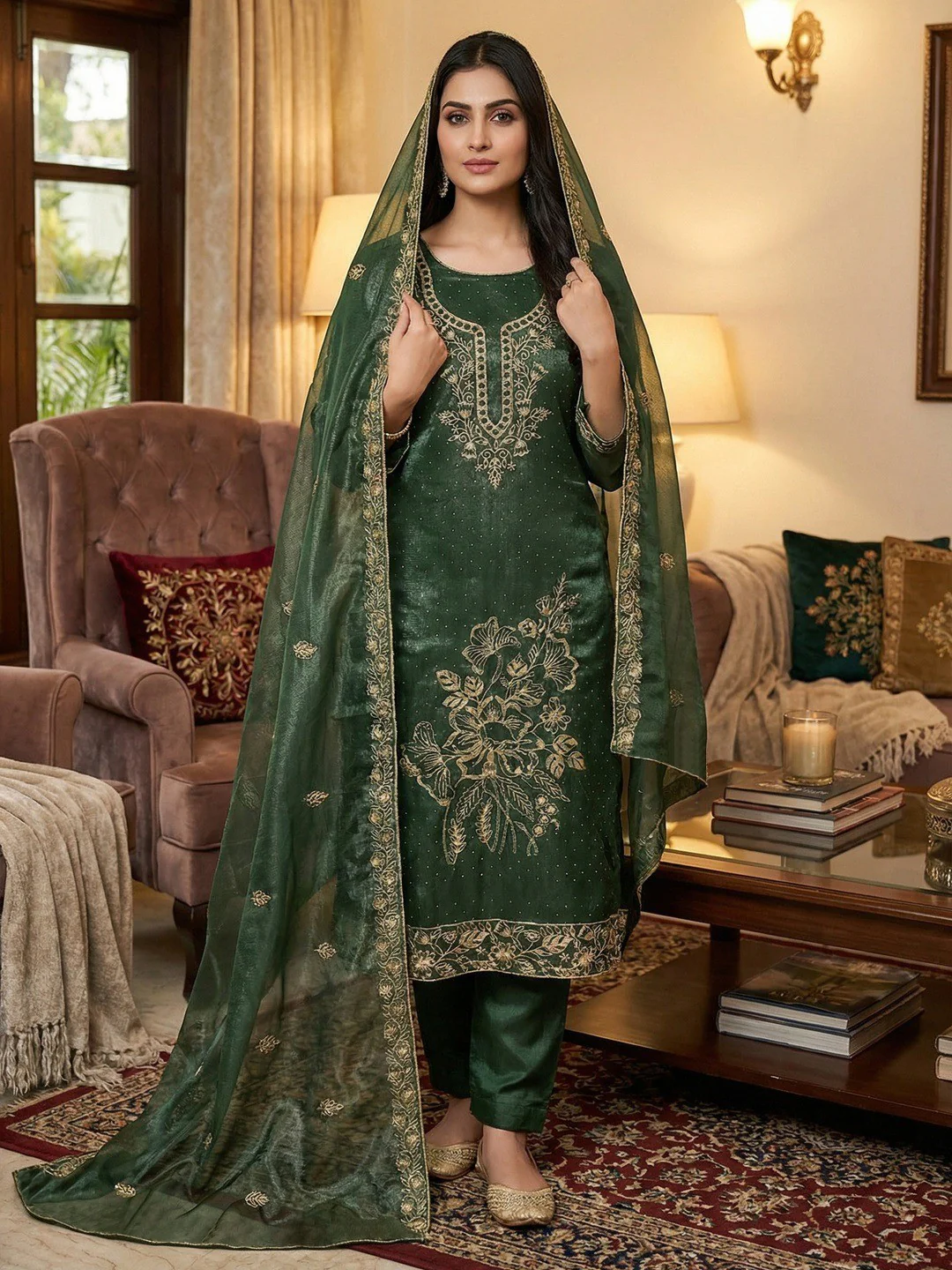 Sophisticated Green Floral Embroidered Organza Dress Material With Fine Swarovski Accents